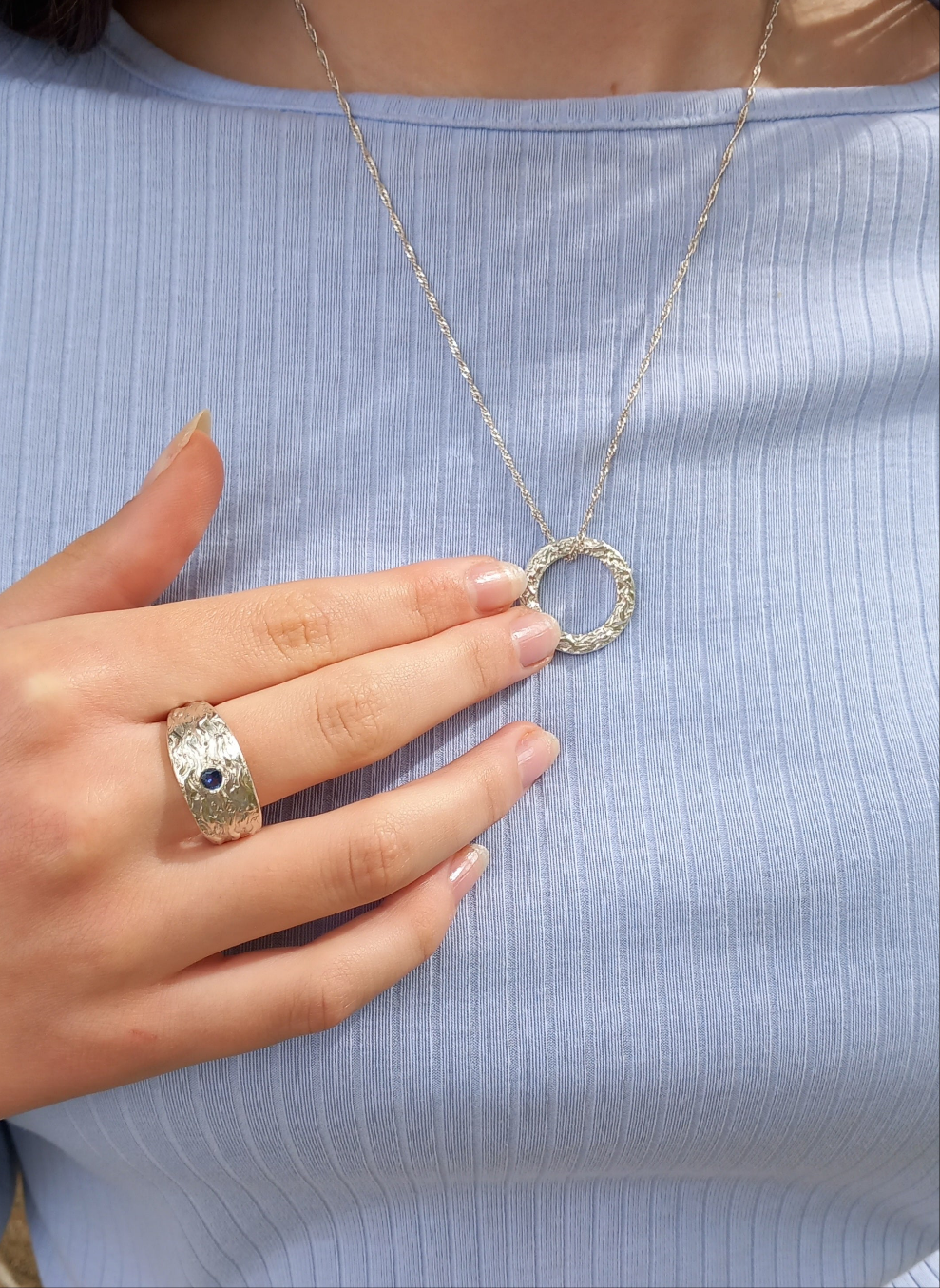 Handmade Solid Silver Graduated Ladies 'Wave' Ring with Sapphire