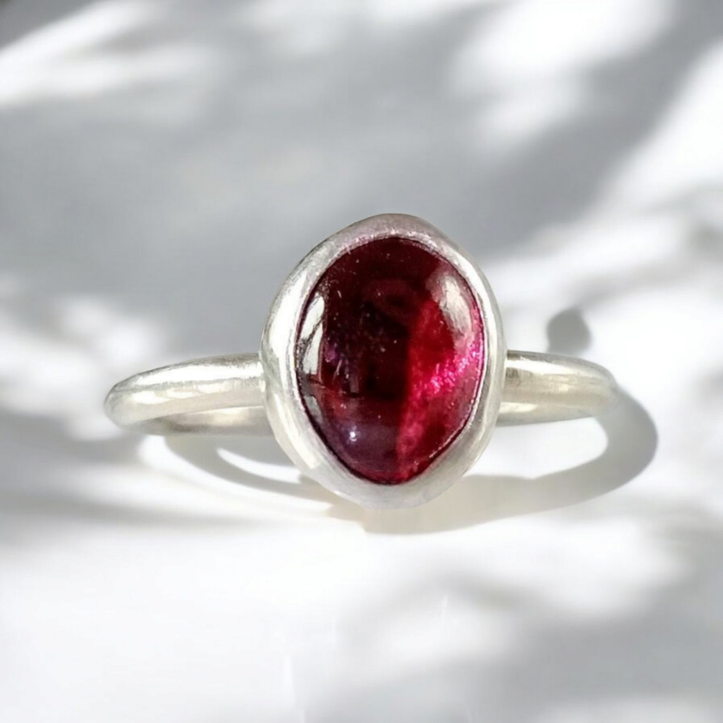 Handmade Silver Cabochon Garnet Bezel Set Ring - 'Olivia'