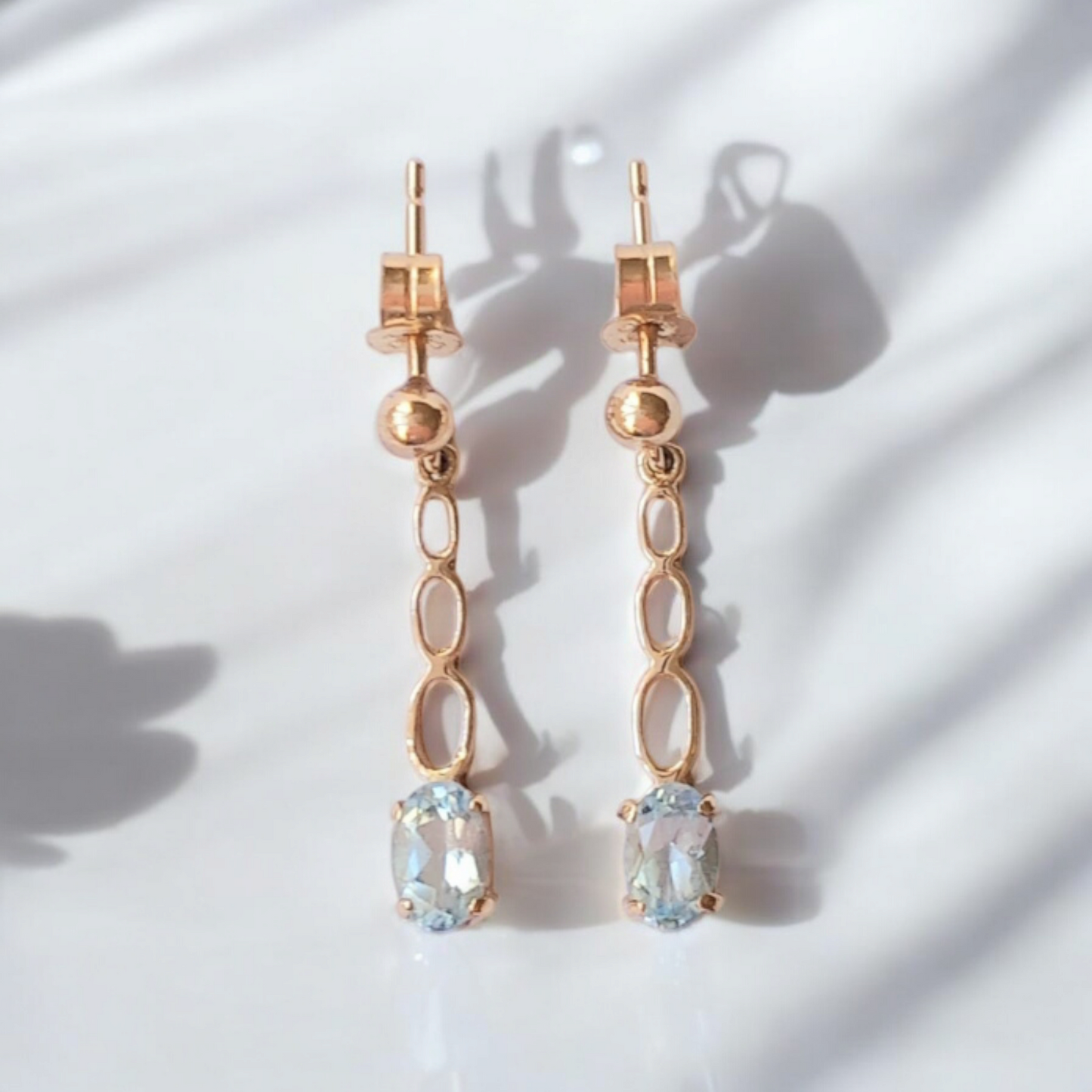 Dainty Ice Blue Aquamarine Yellow Gold Drop Earrings