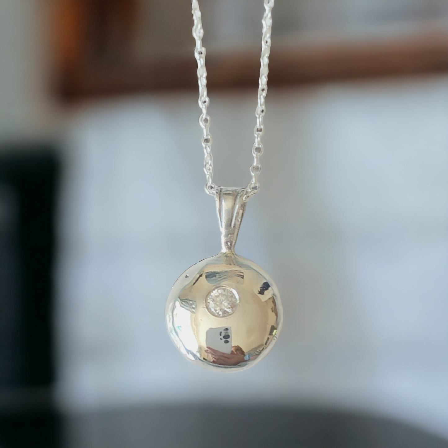 Handmade Recycled Solid Silver with Lab Diamond and Chain.