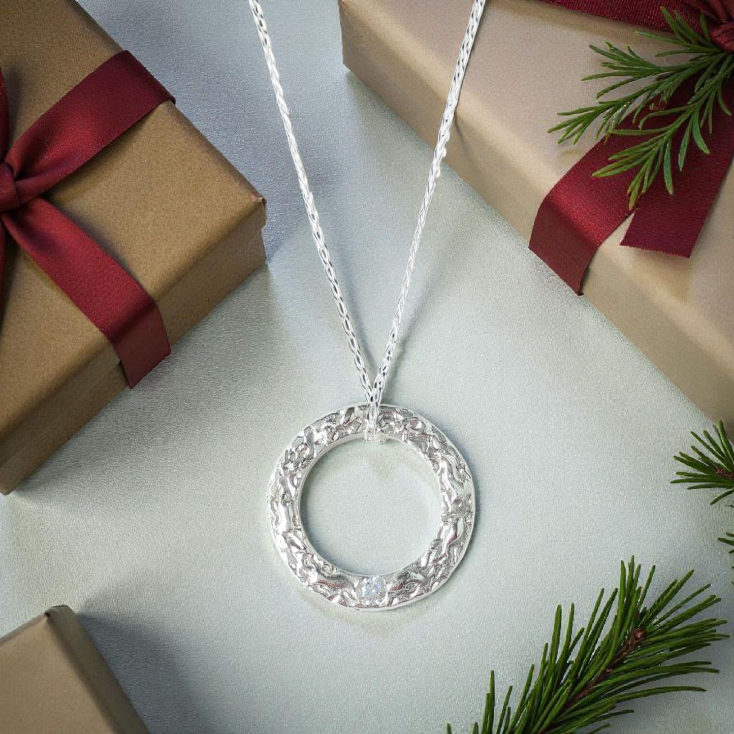 Handmade Solid Silver Lab Diamond 'Wave' Circle Pendant
