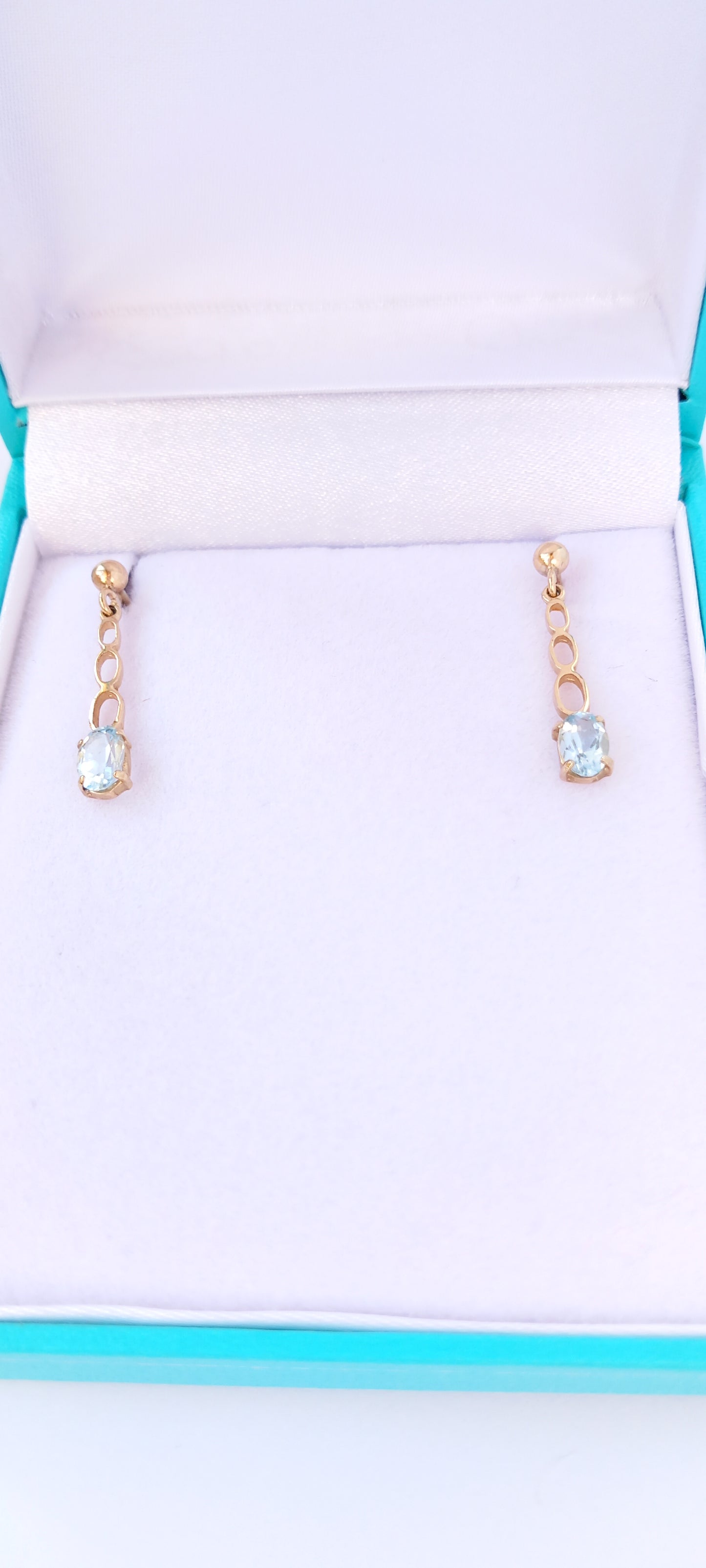 Dainty Ice Blue Aquamarine Yellow Gold Drop Earrings