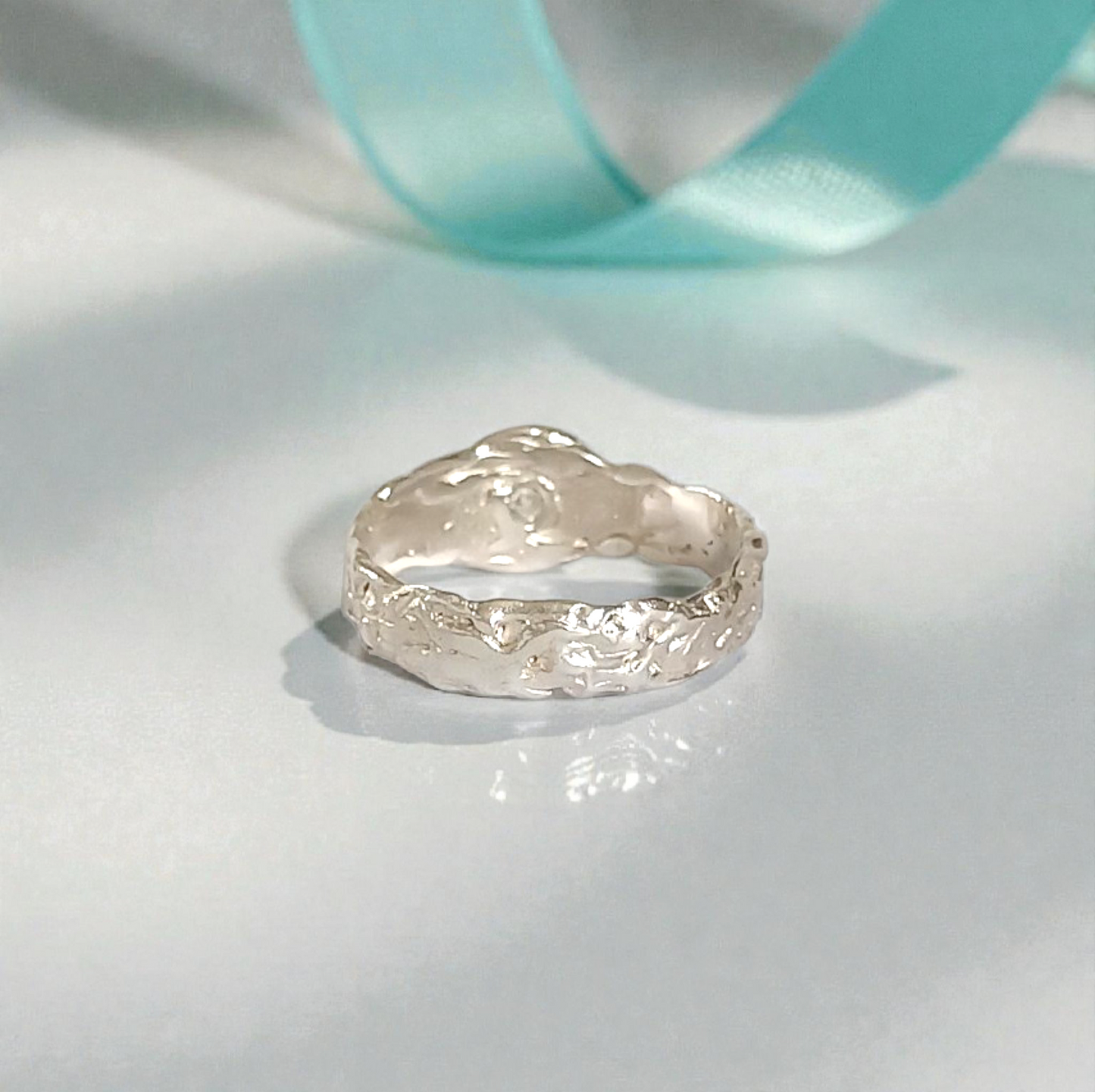 Solid Silver Wave Textured Beach Summer Ring with Lab Created Diamond