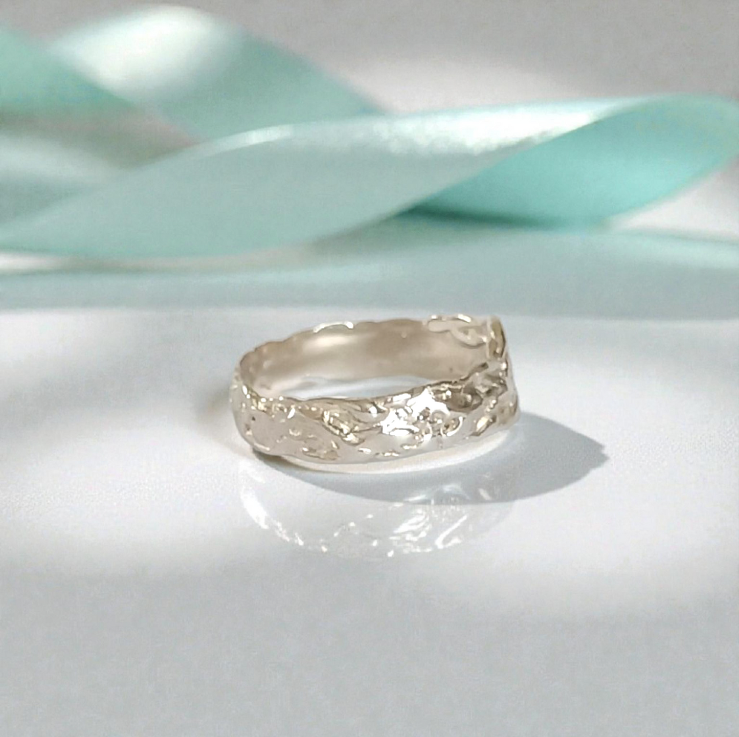 Solid Silver Wave Textured Beach Summer Ring with Lab Created Diamond