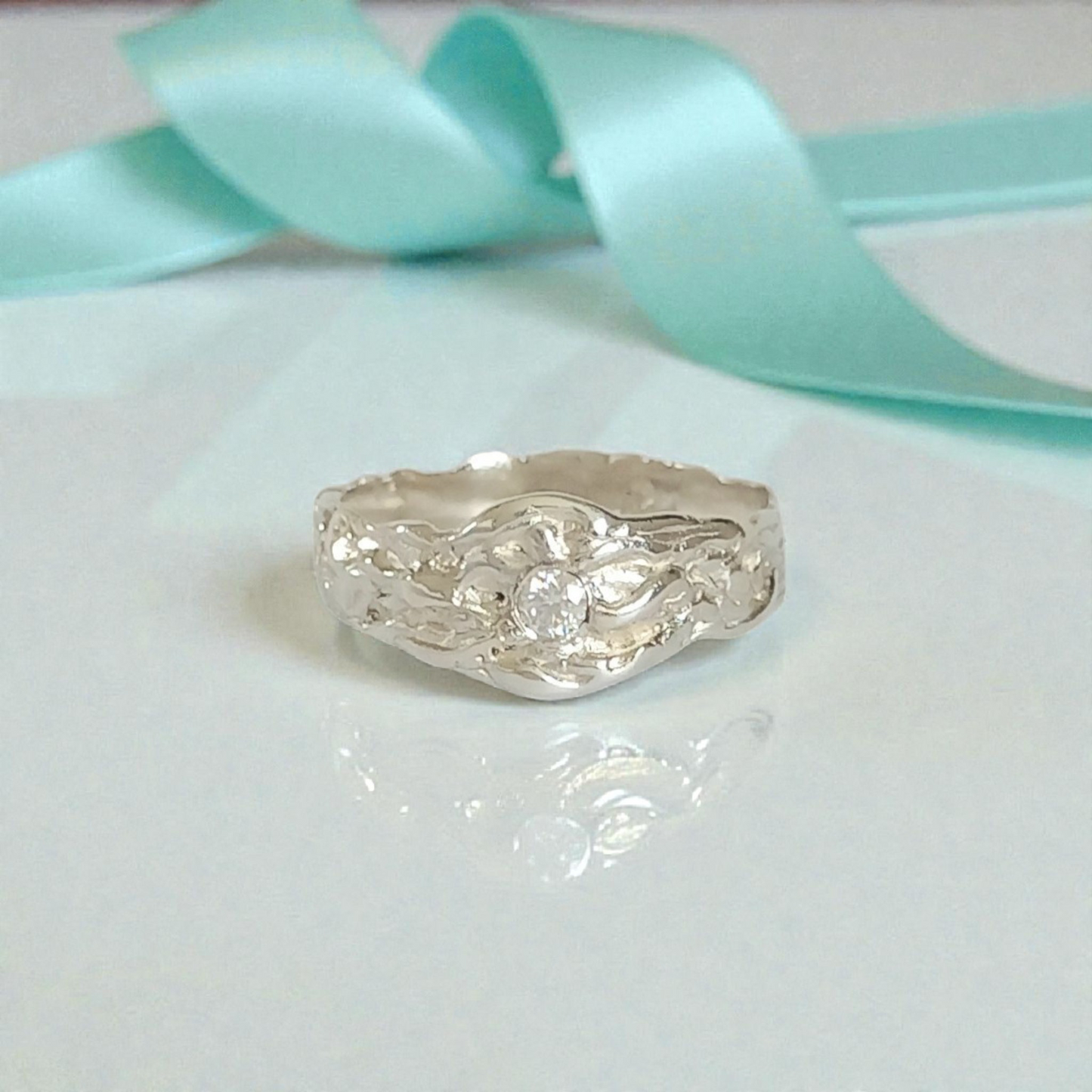 Solid Silver Wave Textured Beach Summer Ring with Lab Created Diamond