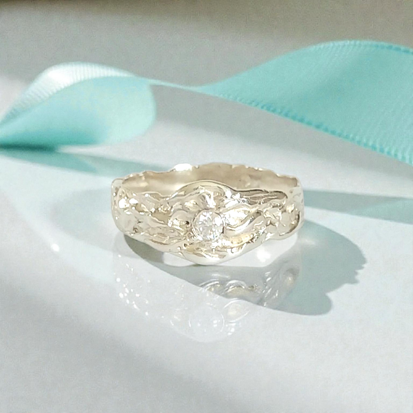 Solid Silver Wave Textured Beach Summer Ring with Lab Created Diamond