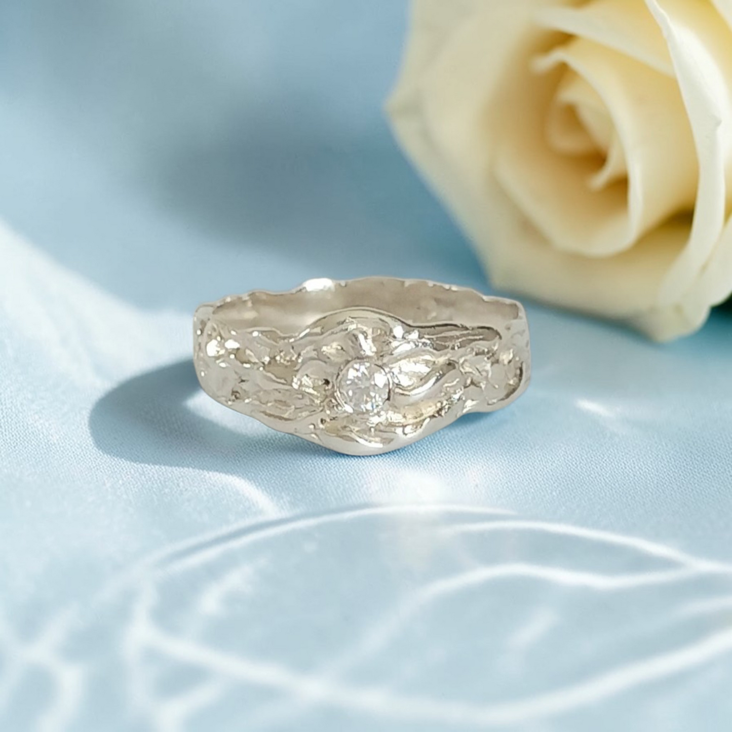 Solid Silver Wave Textured Beach Summer Ring with Lab Created Diamond