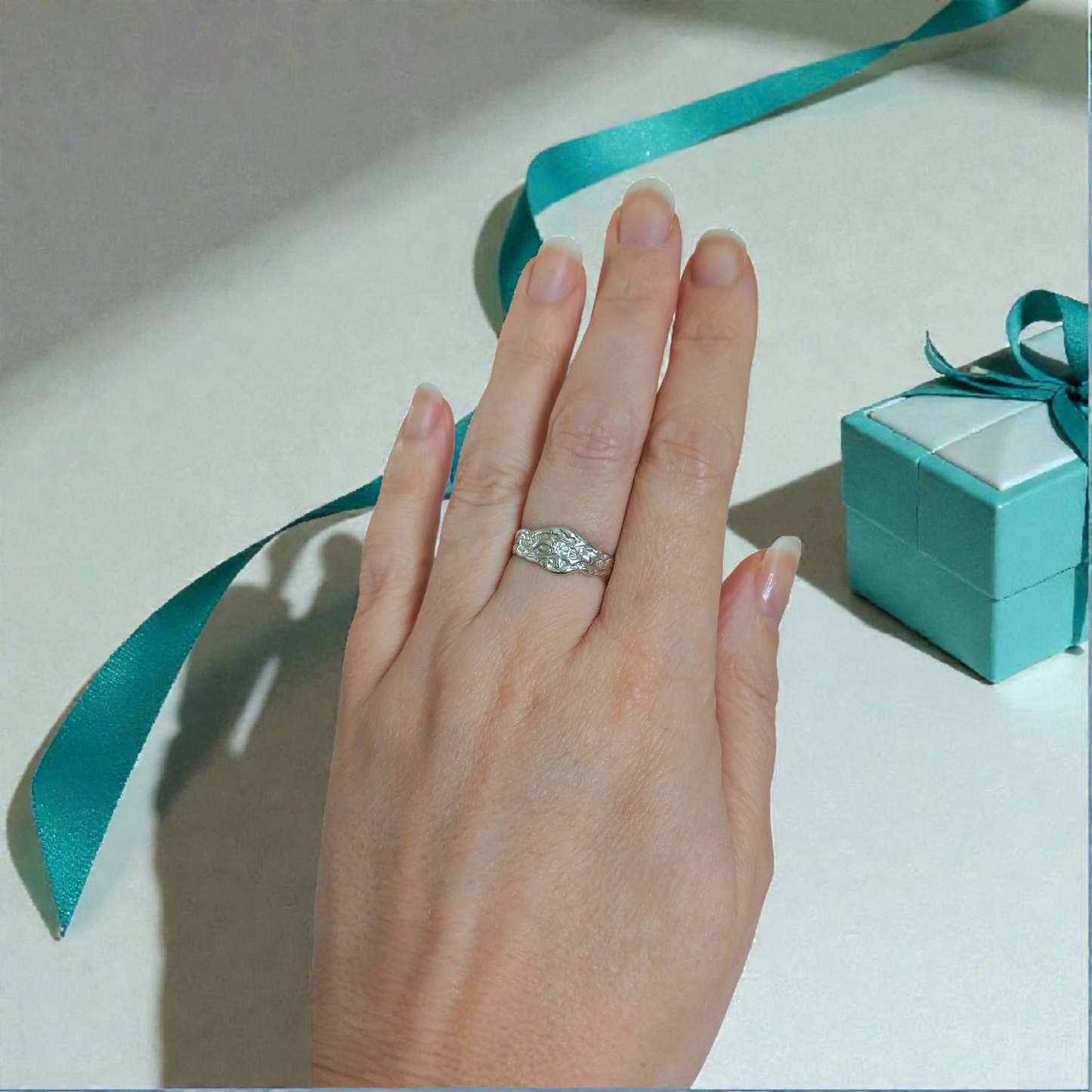 Solid Silver Wave Textured Beach Summer Ring with Lab Created Diamond