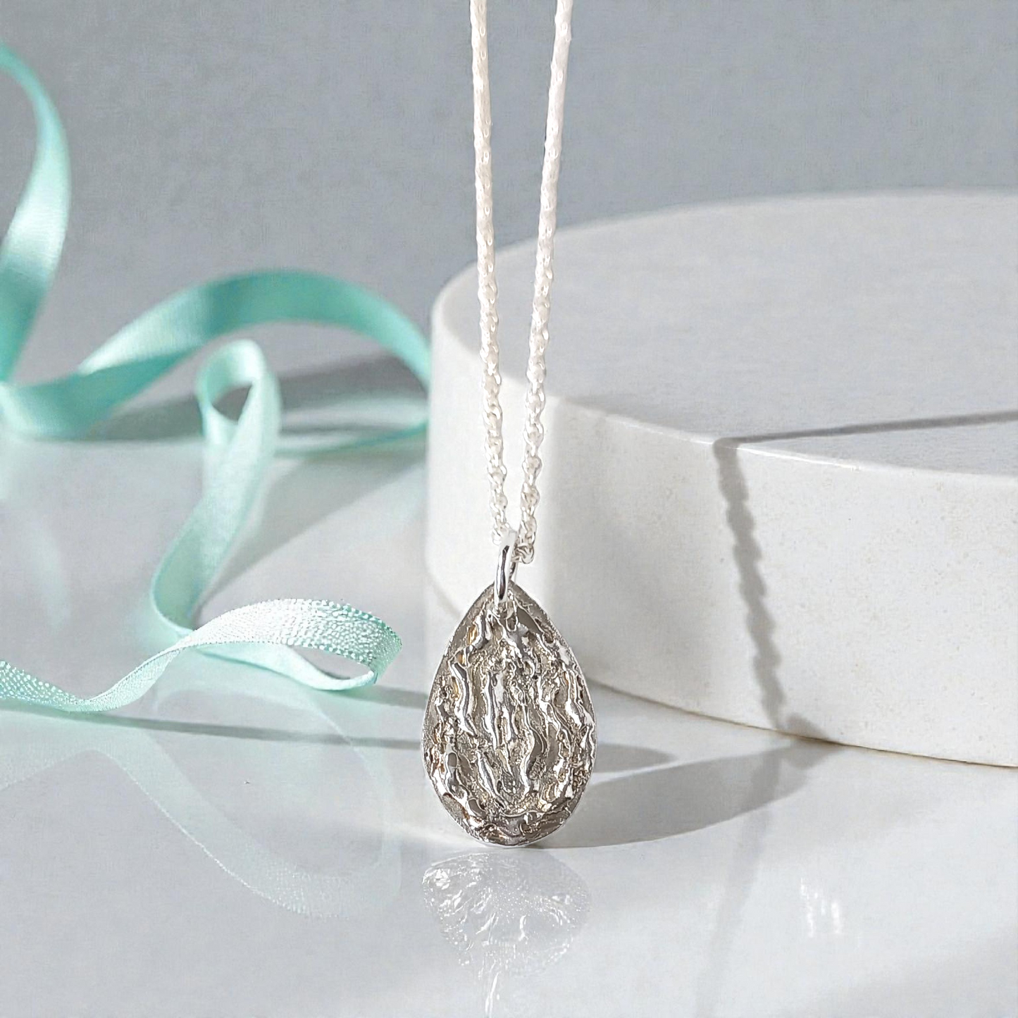 Handmade Solid Silver Teardrop Pendant and Chain