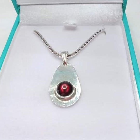 Silver Teardrop Pearshaped Cabochon Garnet Pendant