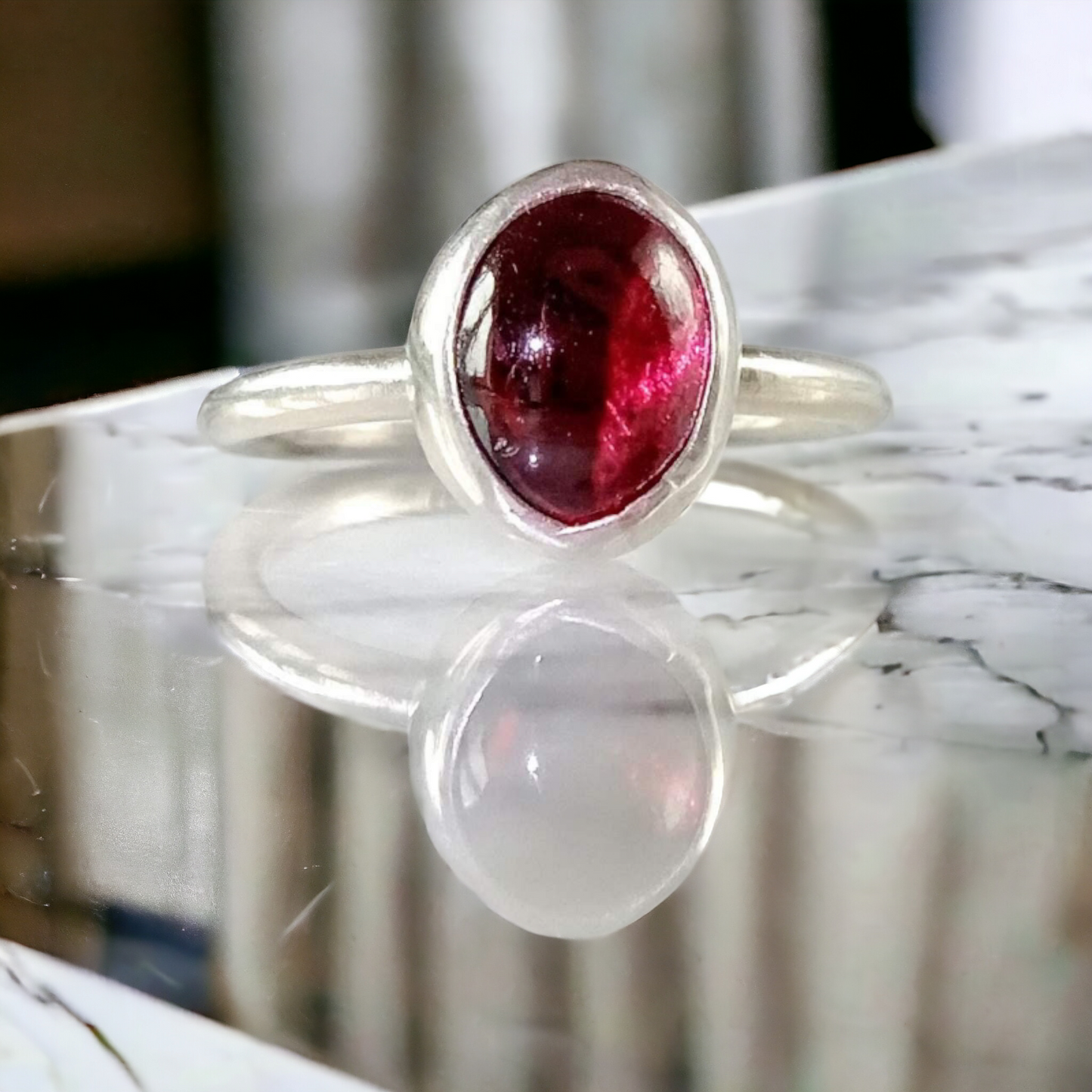 Handmade Silver Cabochon Garnet Bezel Set Ring - 'Olivia'