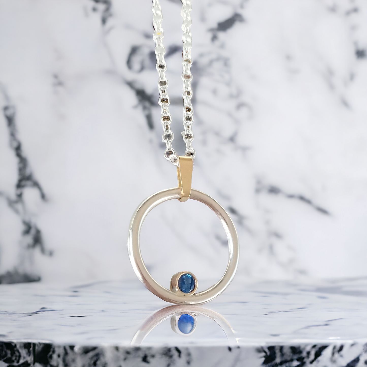 Silver and Gold Circle Sapphire Necklace - with 9ct gold bail