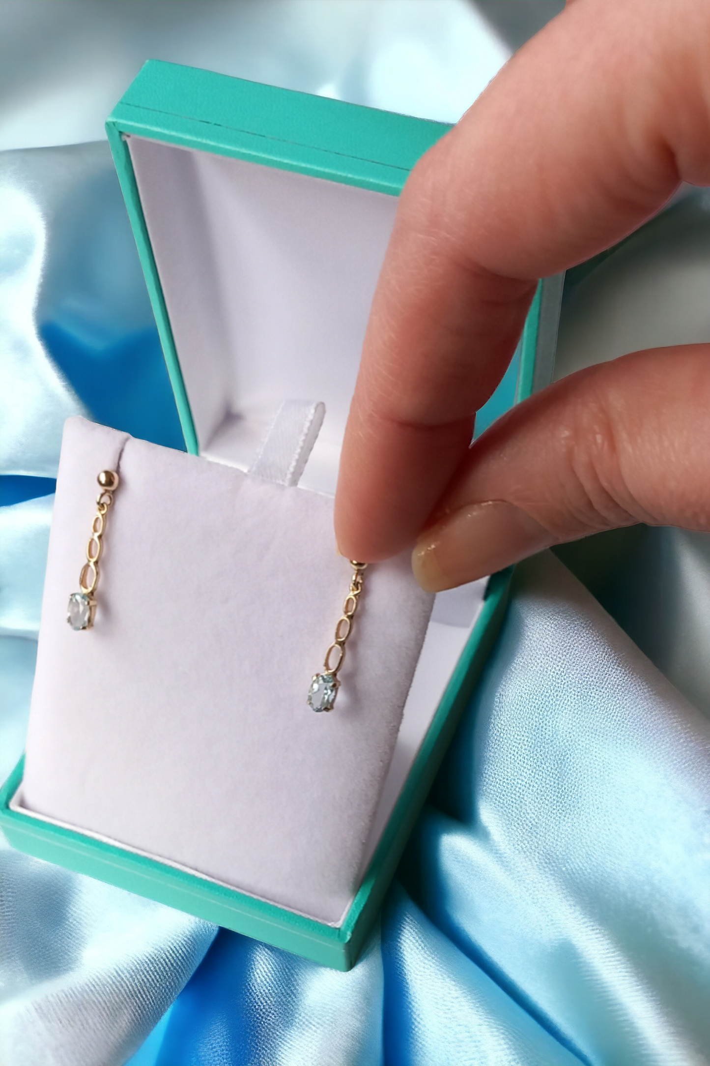 Dainty Ice Blue Aquamarine Yellow Gold Drop Earrings
