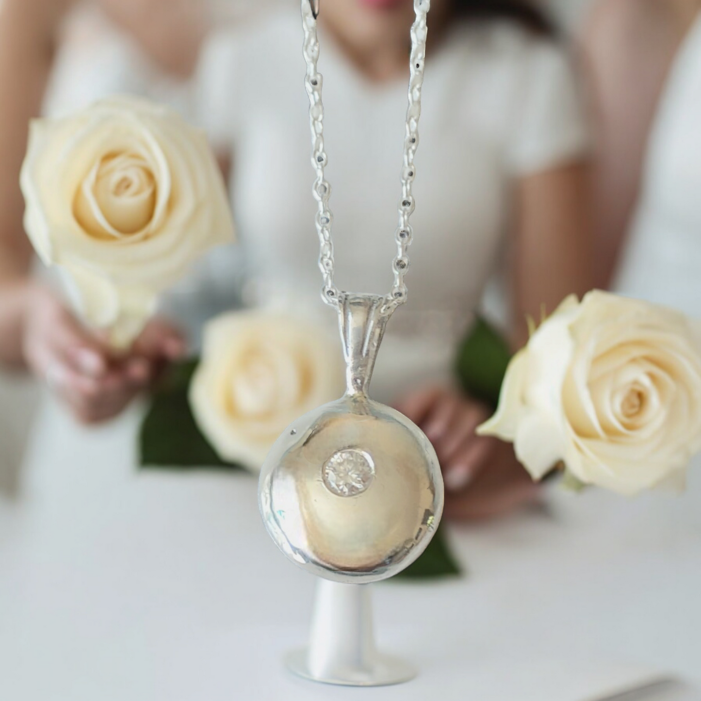 Handmade Recycled Solid Silver with Lab Diamond and Chain.