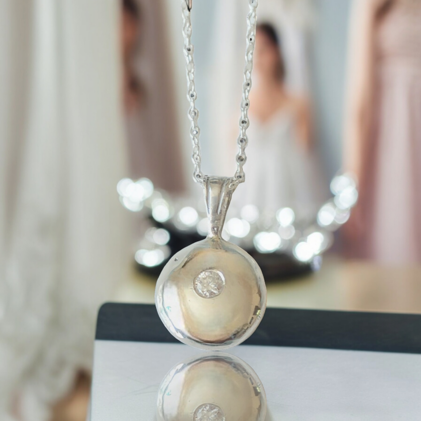 Handmade Recycled Solid Silver with Lab Diamond and Chain.