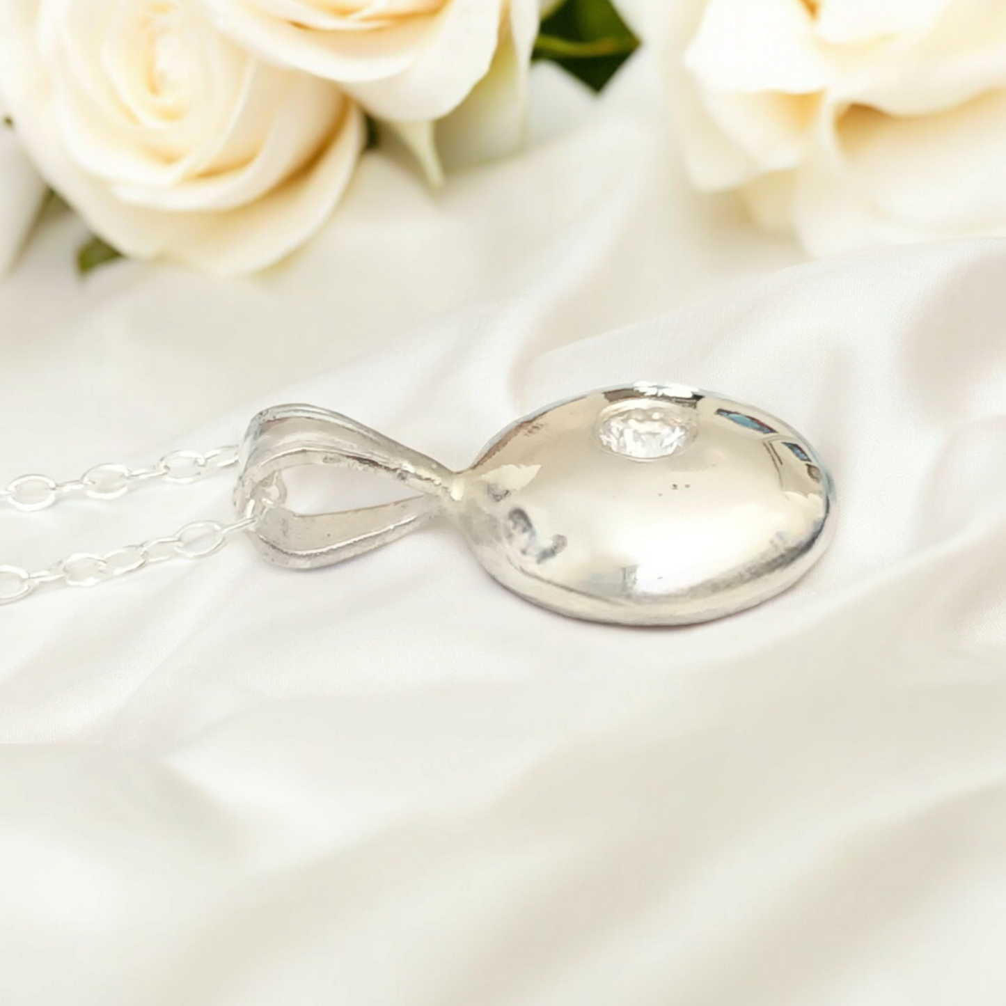 Handmade Recycled Solid Silver with Lab Diamond and Chain.