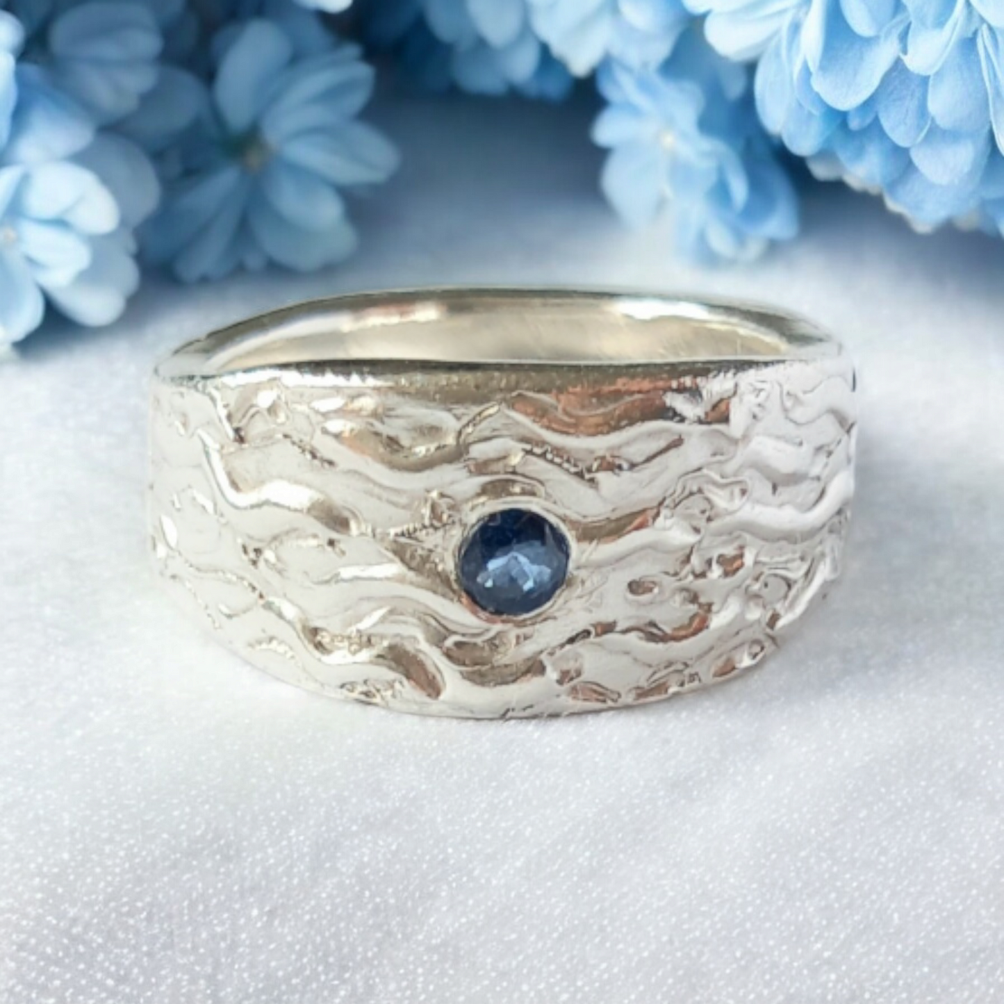 Handmade Solid Silver Graduated Ladies 'Wave' Ring with Sapphire