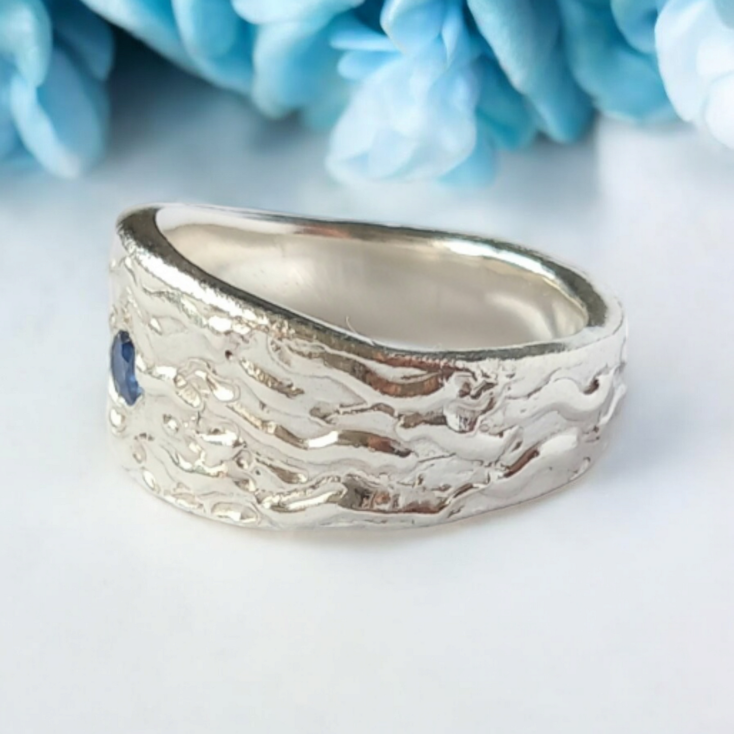 Handmade Solid Silver Graduated Ladies 'Wave' Ring with Sapphire