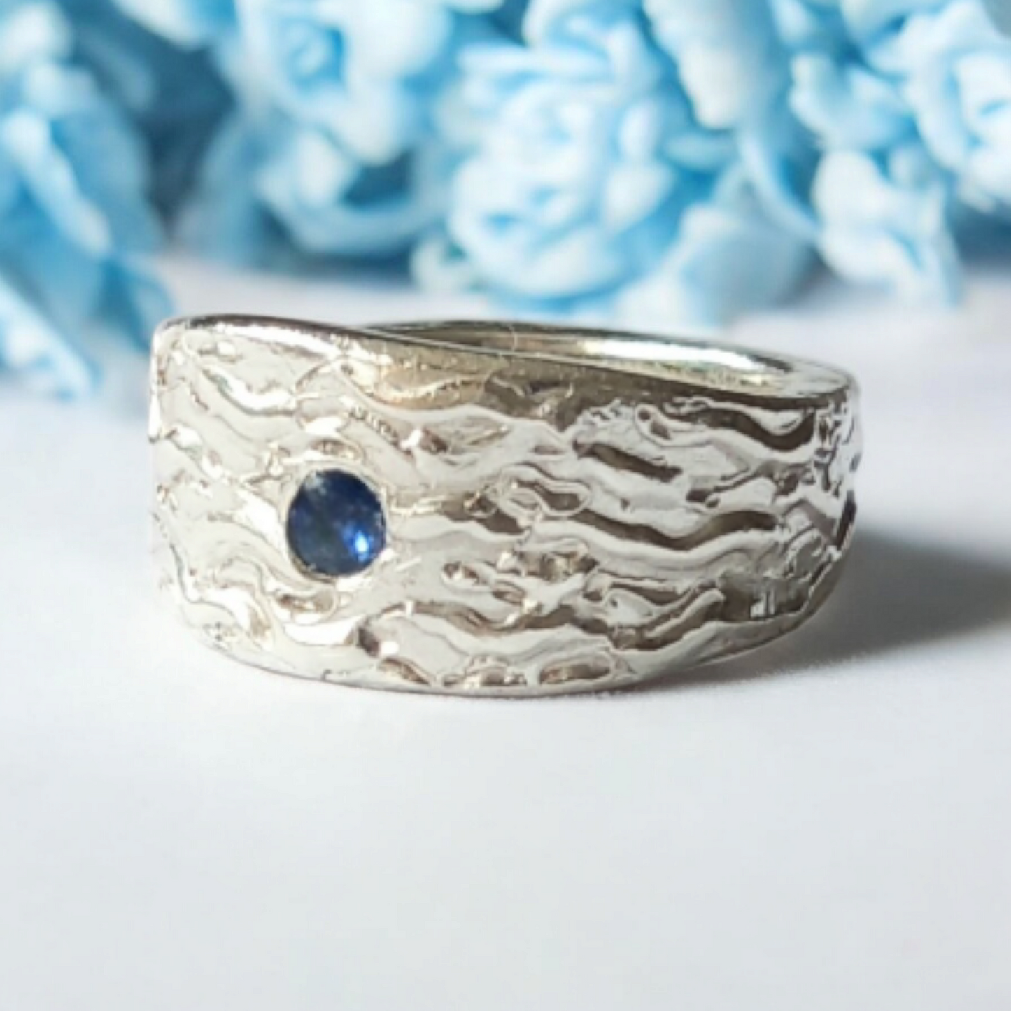Handmade Solid Silver Graduated Ladies 'Wave' Ring with Sapphire