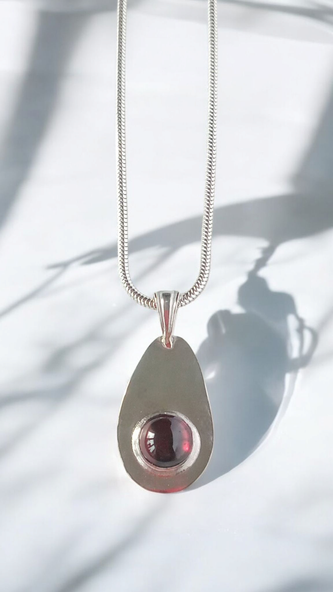Silver Teardrop Pearshaped Cabochon Garnet Pendant