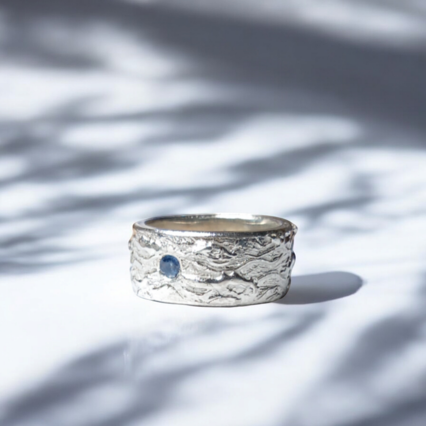Handmade Solid Silver and Sapphire 'Wave' Ring - Unisex / Mens