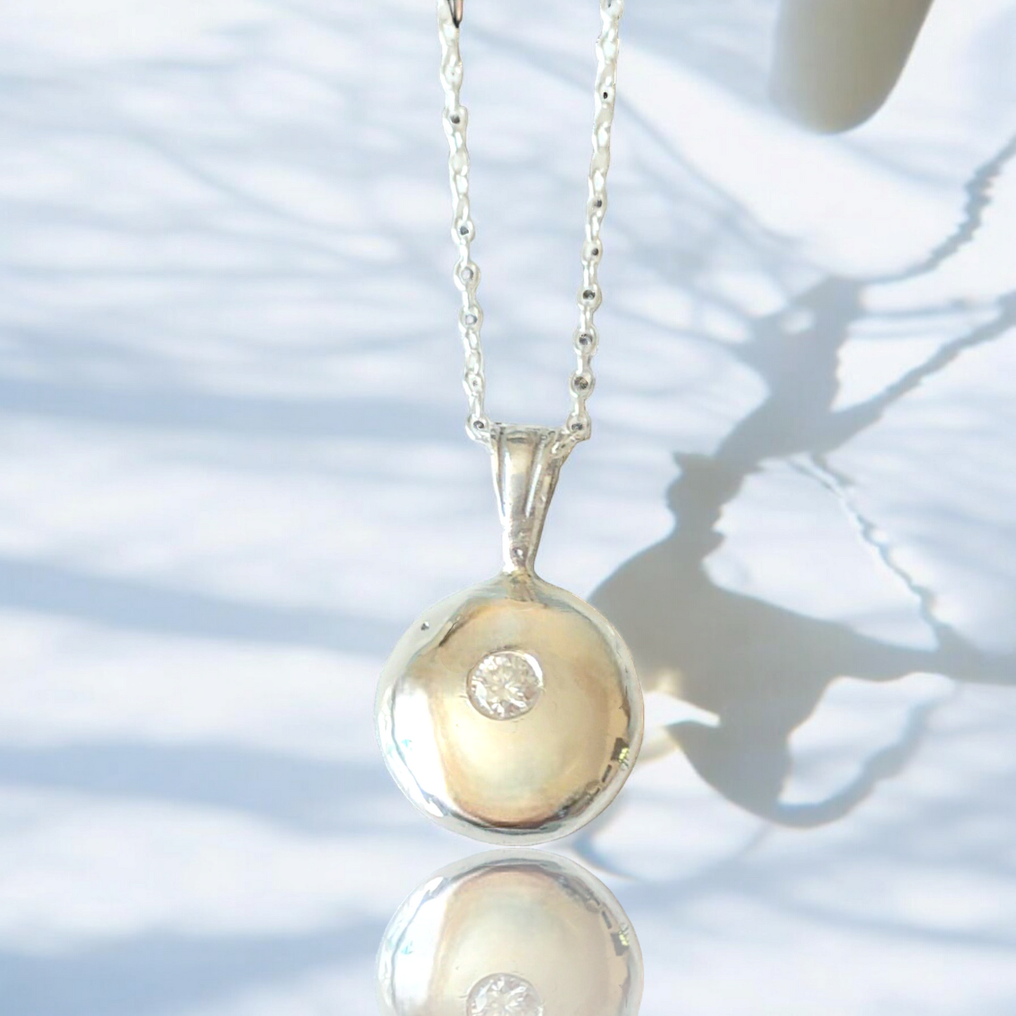 Handmade Recycled Solid Silver with Lab Diamond and Chain.
