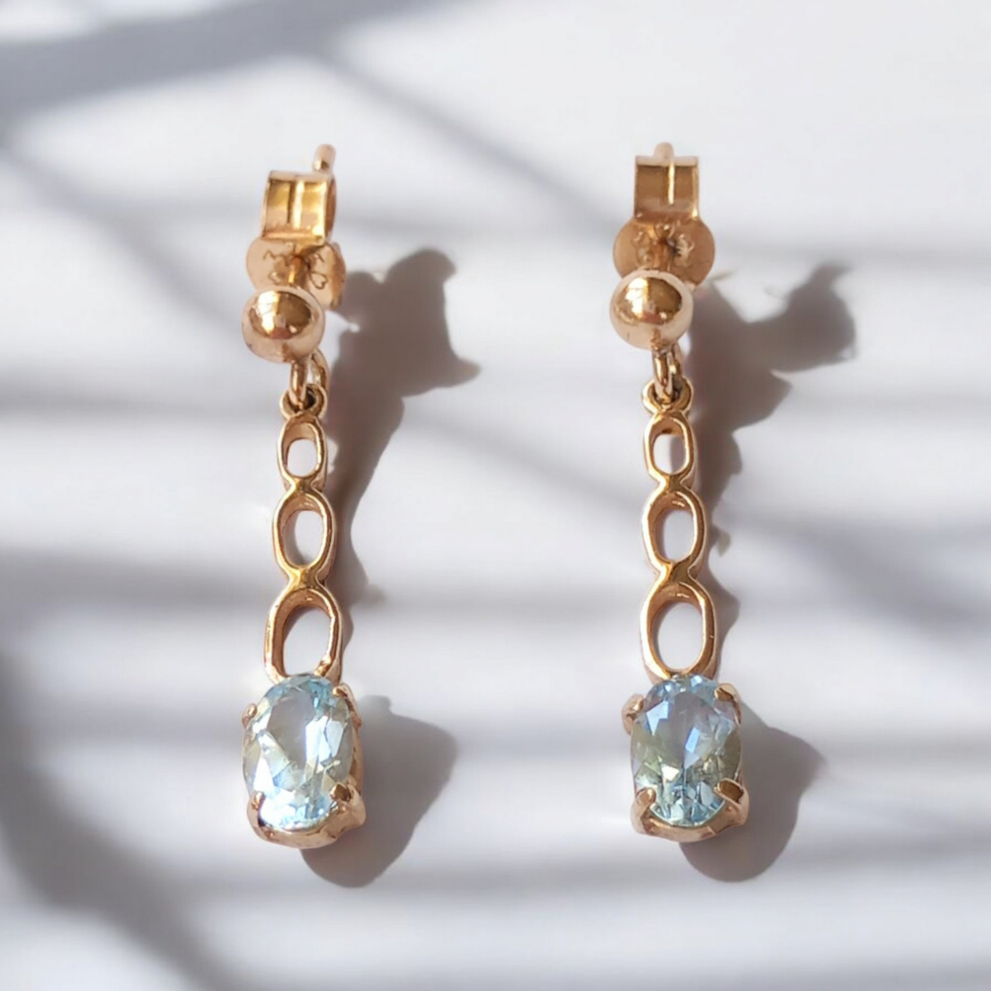 Dainty Ice Blue Aquamarine Yellow Gold Drop Earrings
