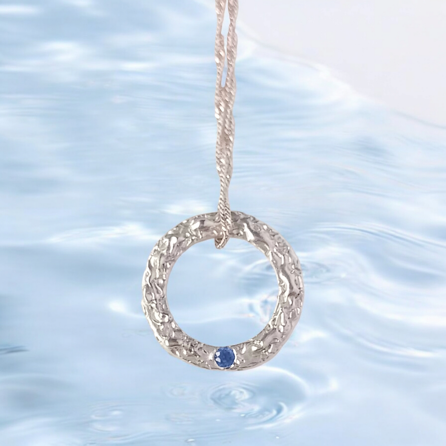 Handmade Solid Silver Sapphire 'Wave' Circle Pendant