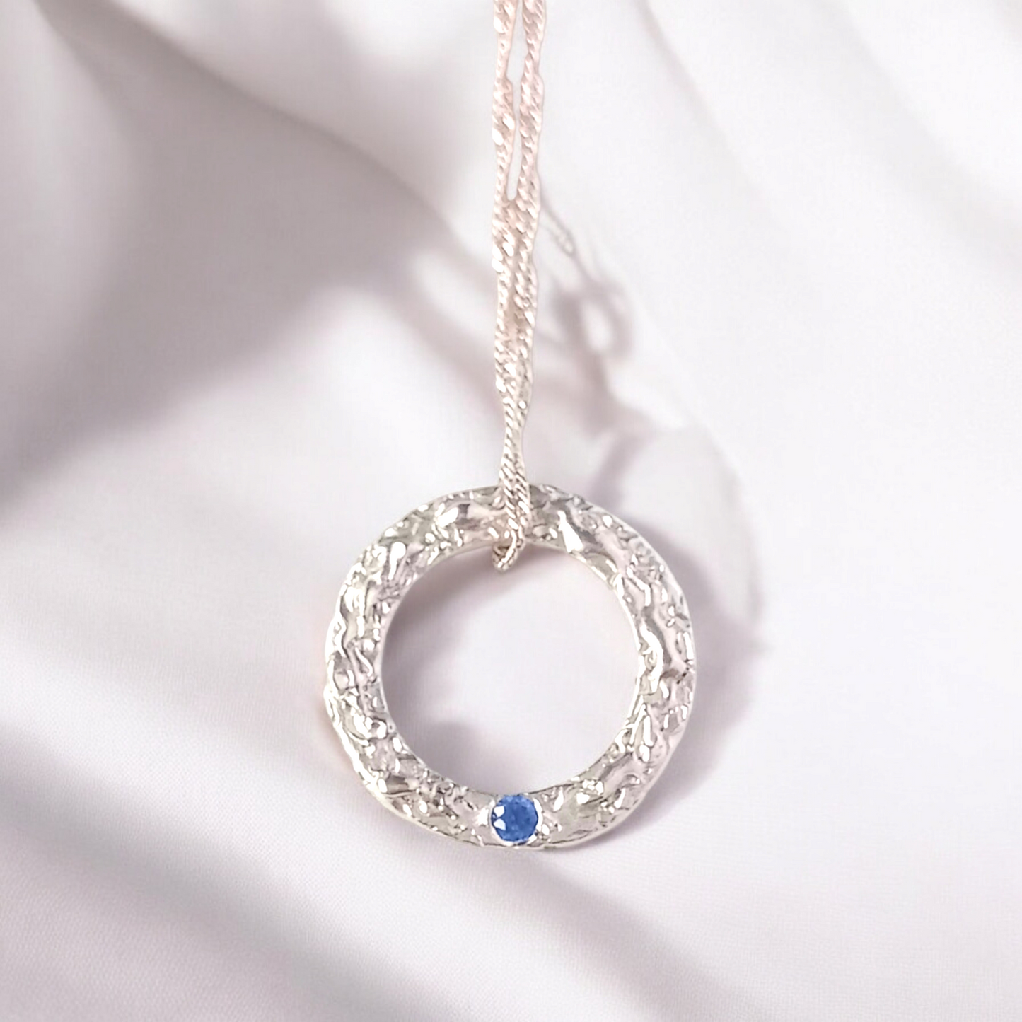 Handmade Solid Silver Sapphire 'Wave' Circle Pendant