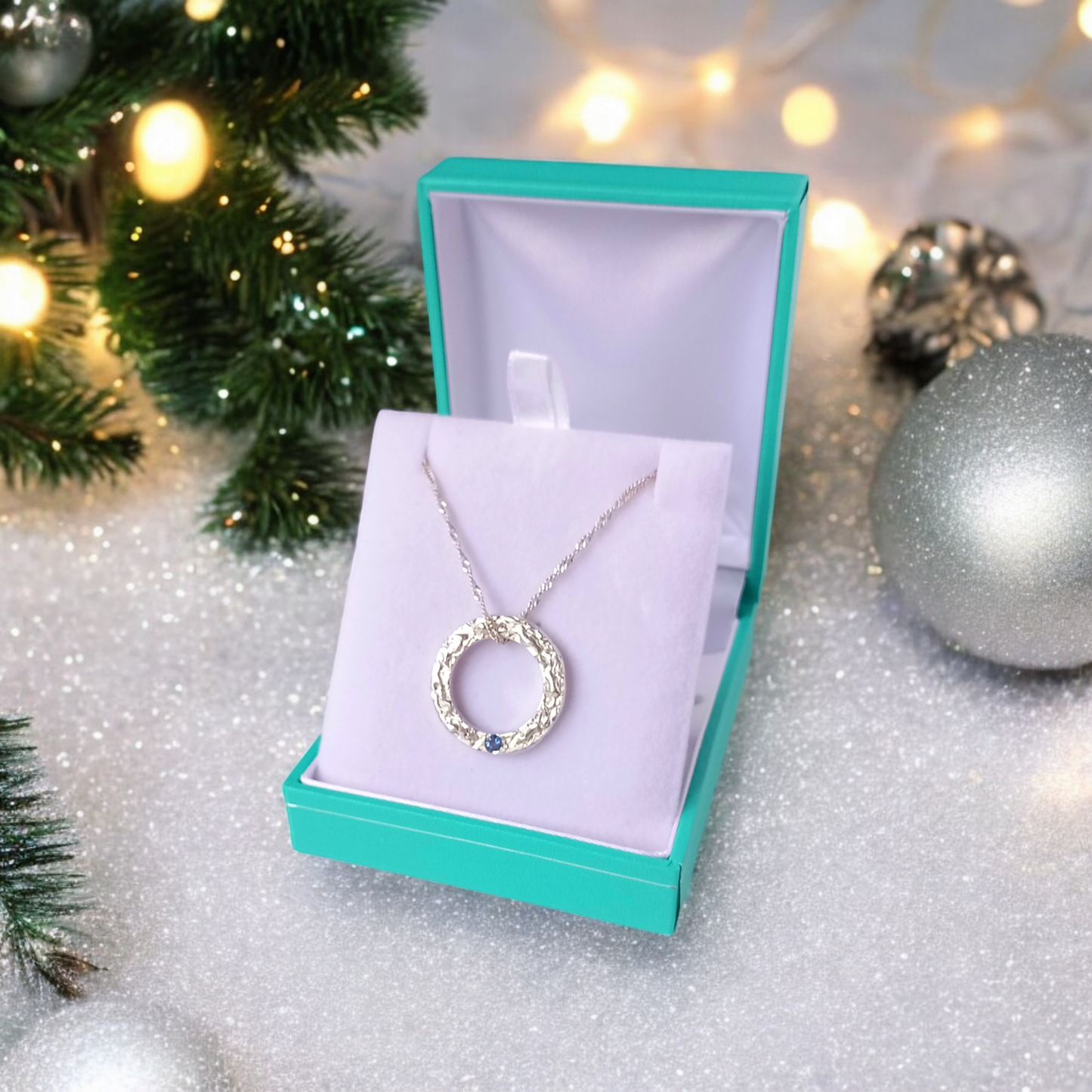 Handmade Solid Silver Sapphire 'Wave' Circle Pendant