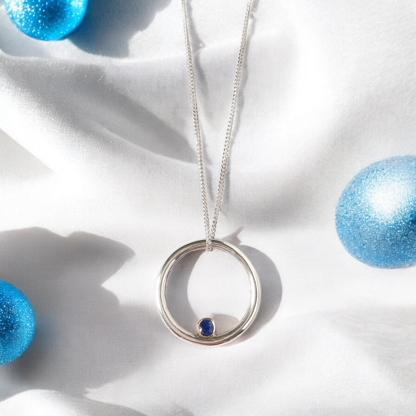 Silver and Gold Circle Sapphire Necklace - No bail