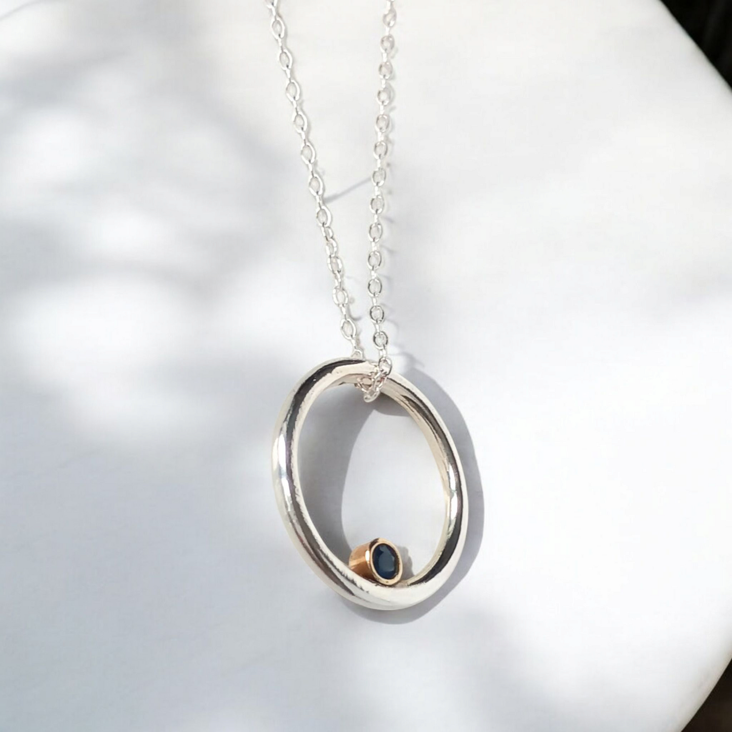 Silver and Gold Circle Sapphire Necklace - No bail