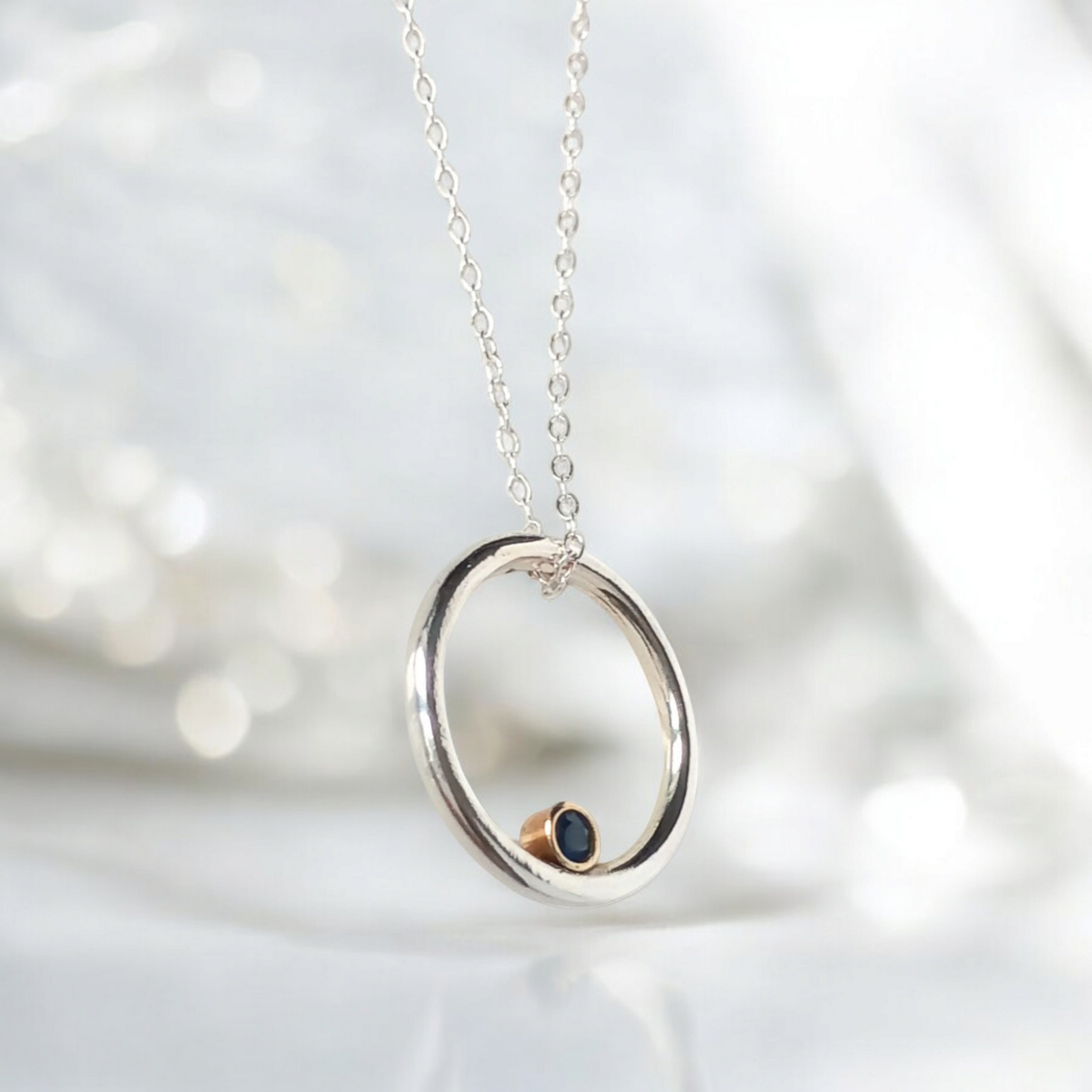 Silver and Gold Circle Sapphire Necklace - No bail