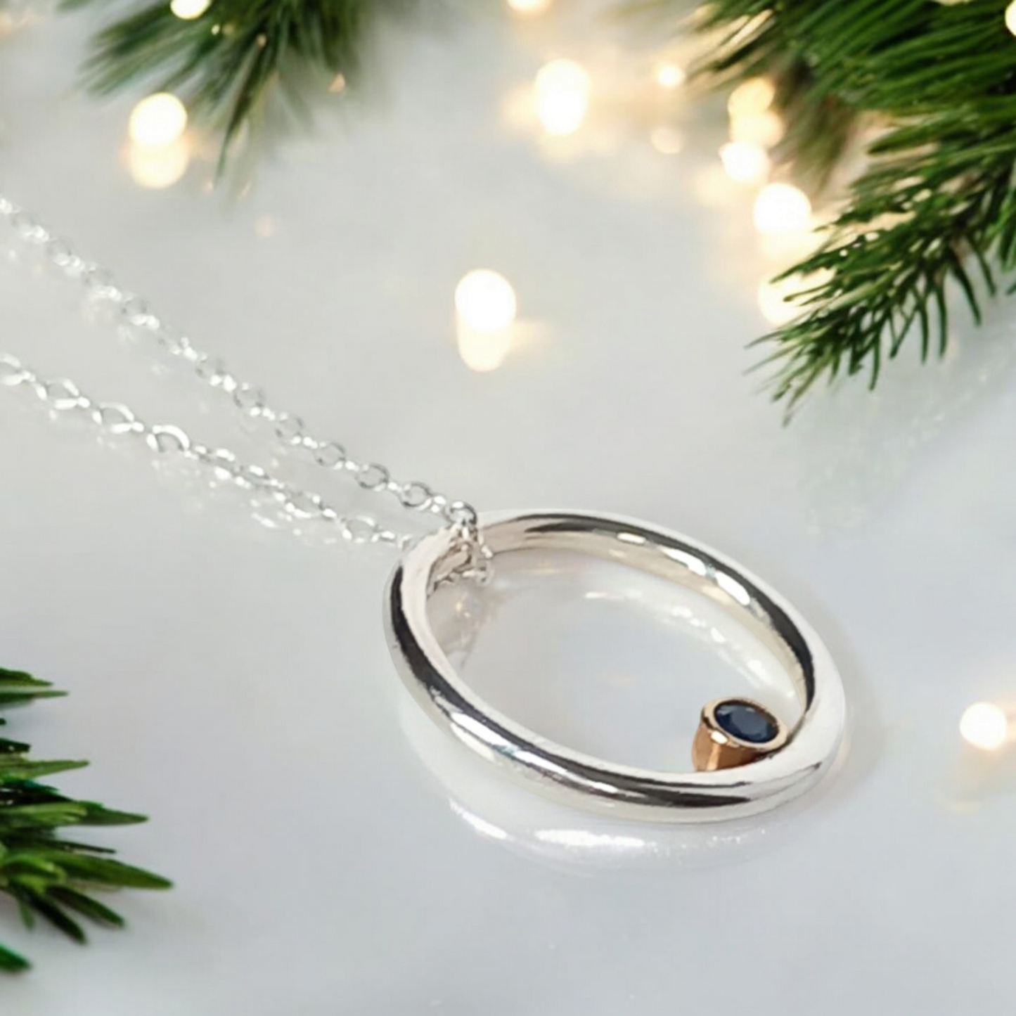 Silver and Gold Circle Sapphire Necklace - No bail