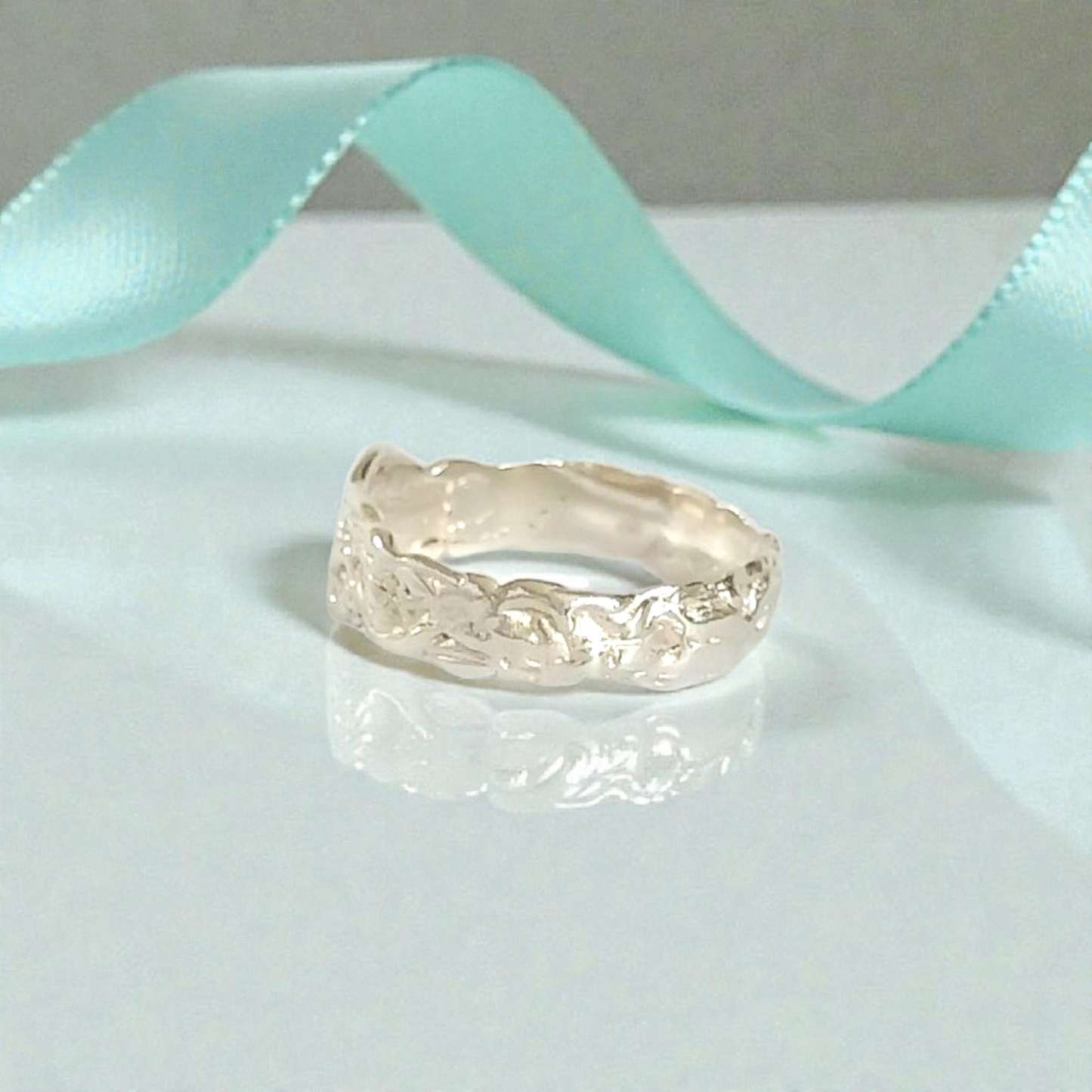 Solid Silver Wave Textured Beach Summer Ring with Lab Created Diamond