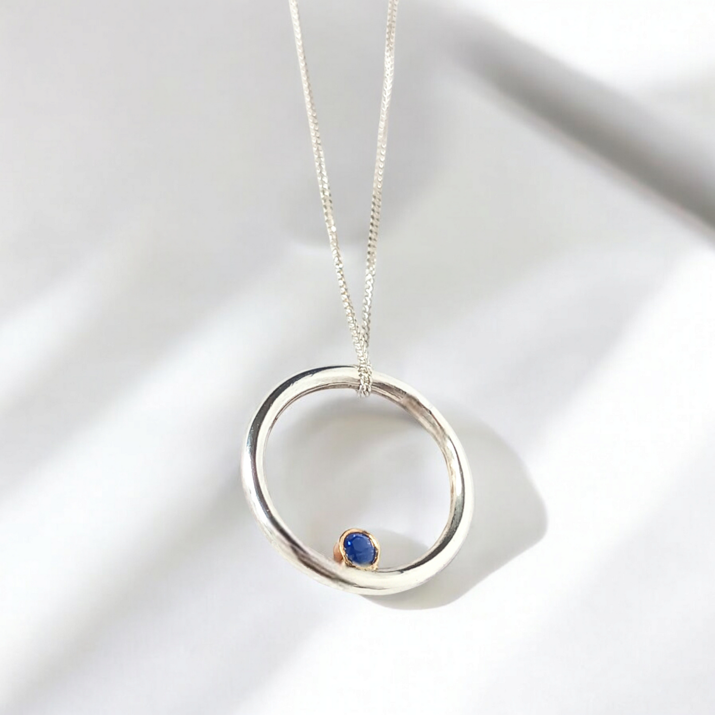 Silver and Gold Circle Sapphire Necklace - No bail