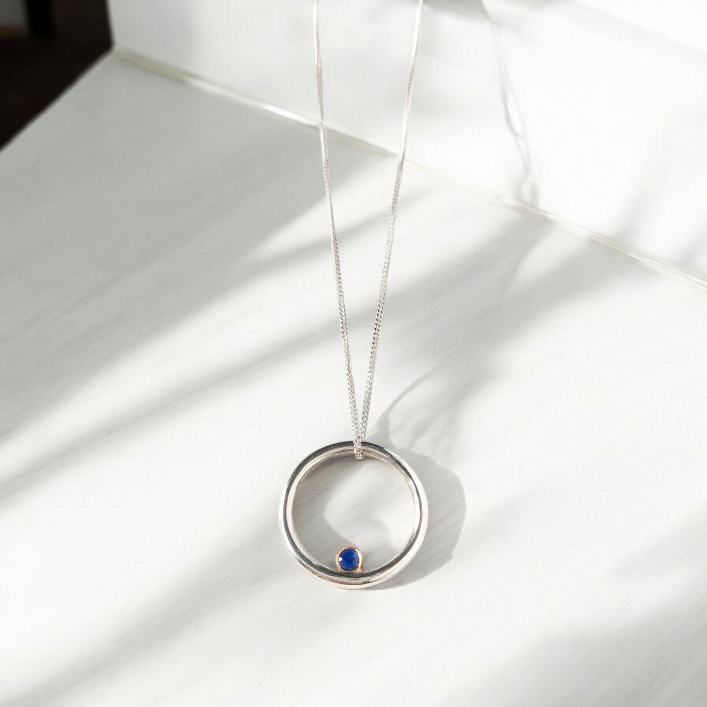 Silver and Gold Circle Sapphire Necklace - No bail