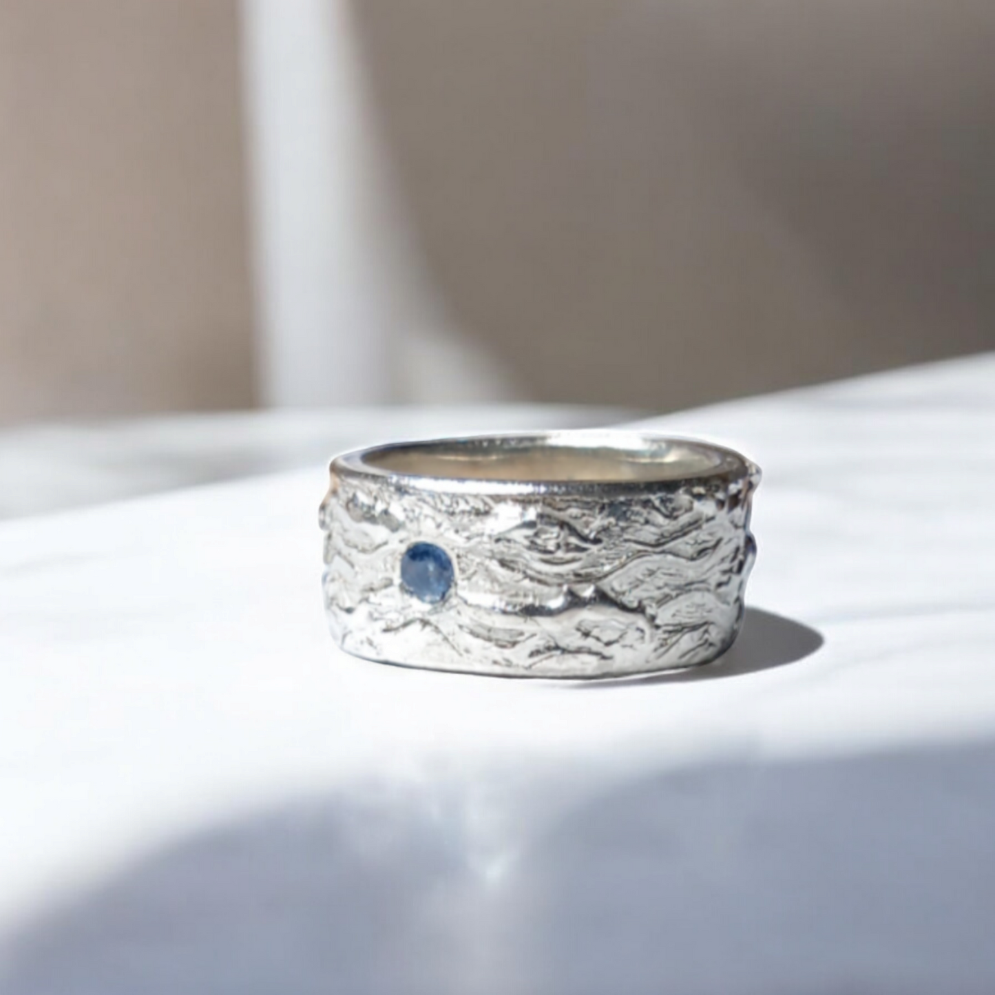 Handmade Solid Silver and Sapphire 'Wave' Ring - Unisex / Mens