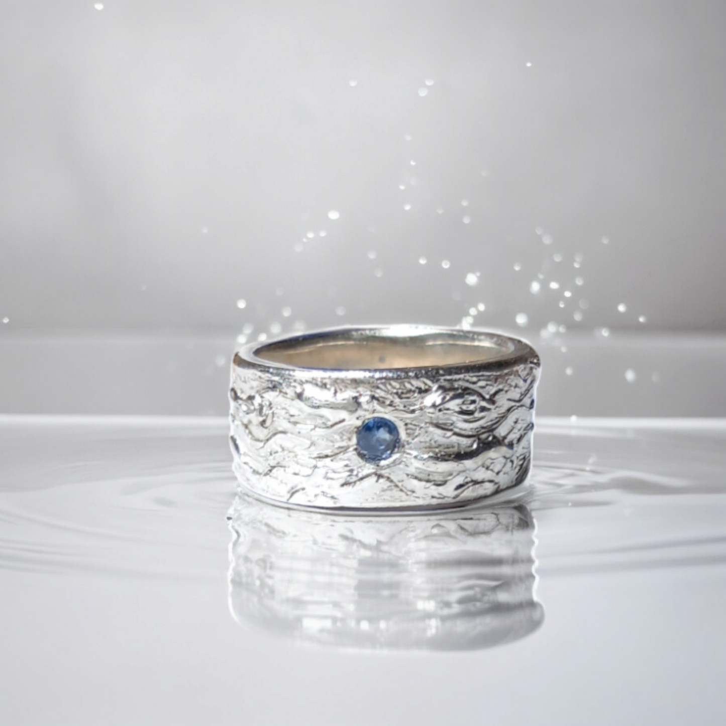 Handmade Solid Silver and Sapphire 'Wave' Ring - Unisex / Mens