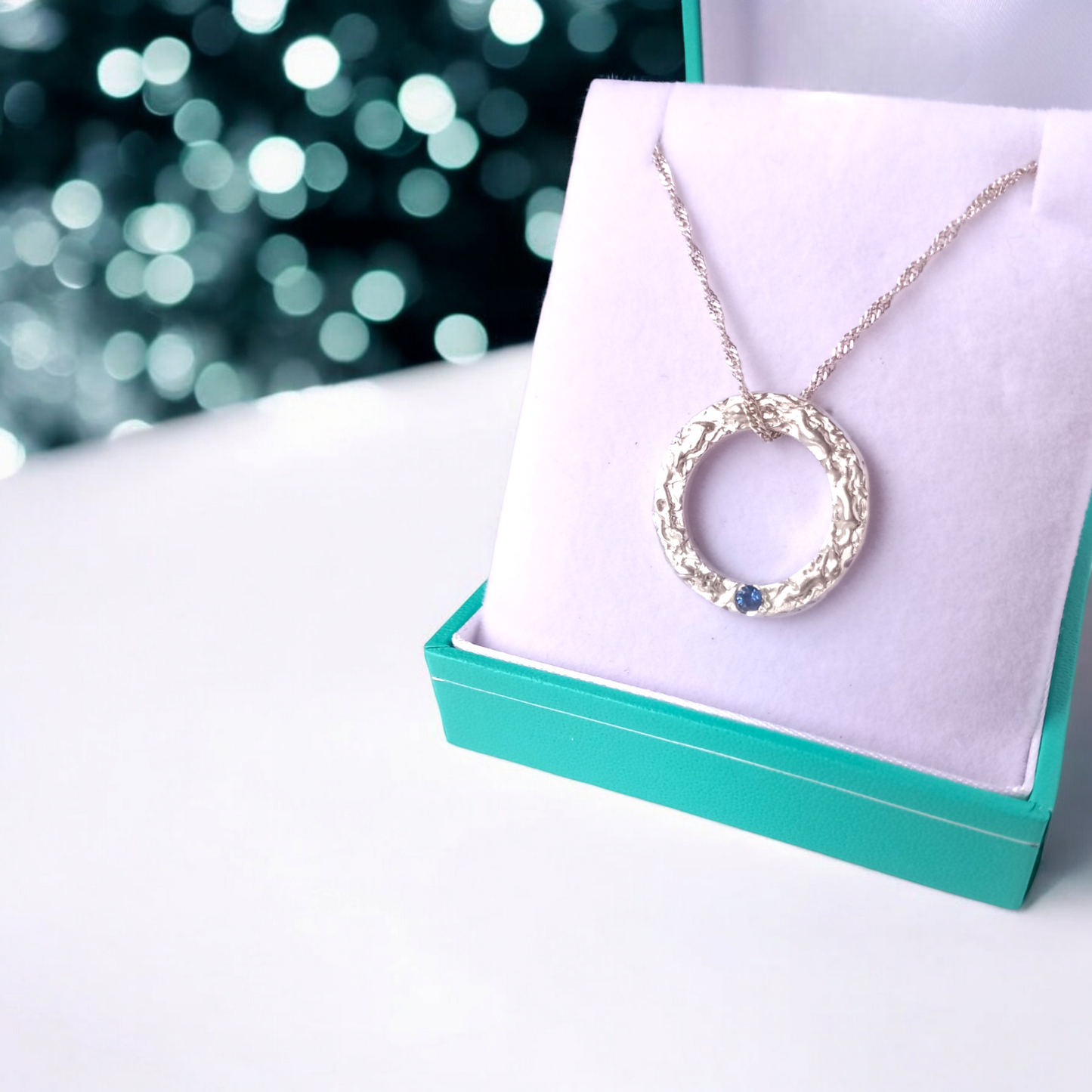 Handmade Solid Silver Sapphire 'Wave' Circle Pendant