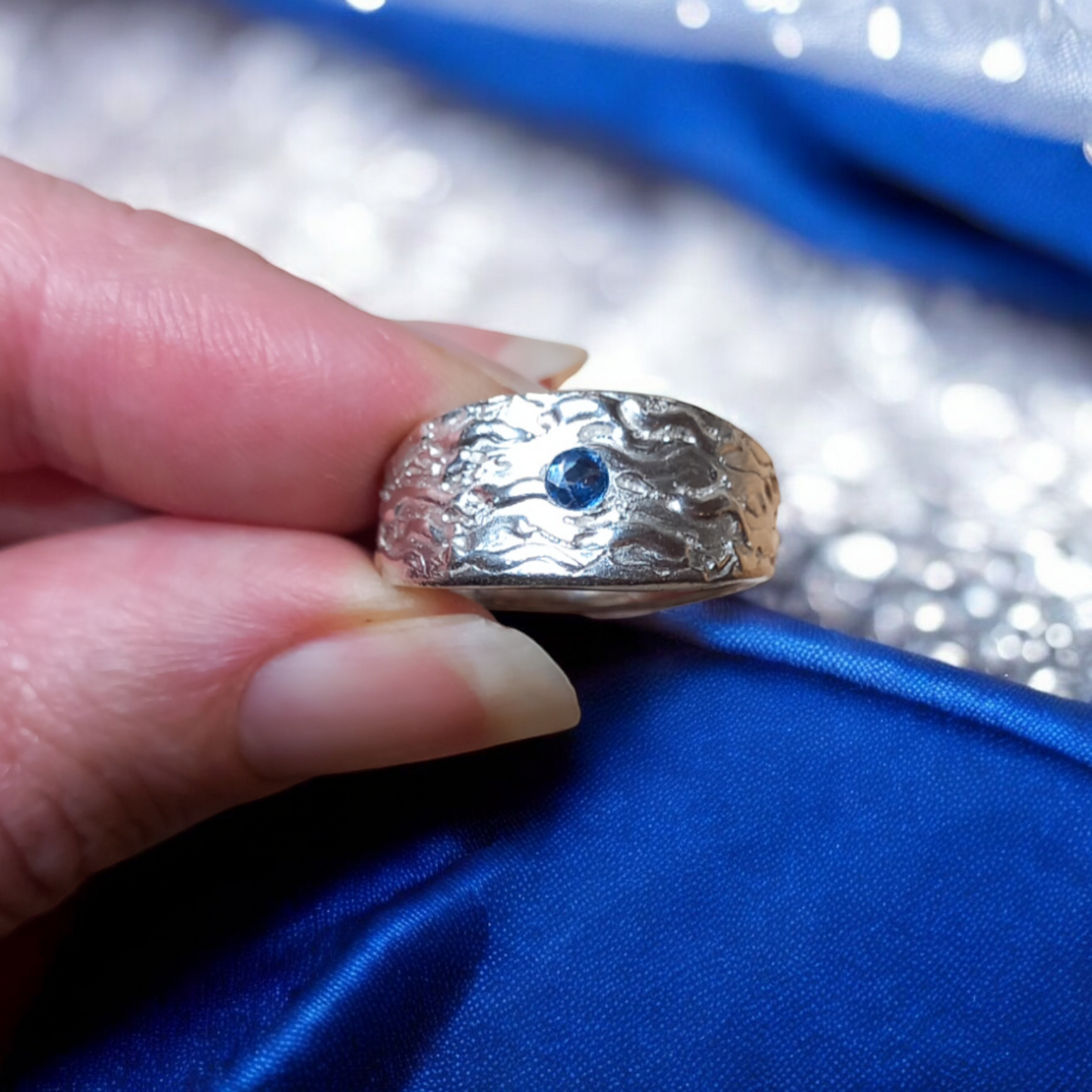 Handmade Solid Silver Graduated Ladies 'Wave' Ring with Sapphire