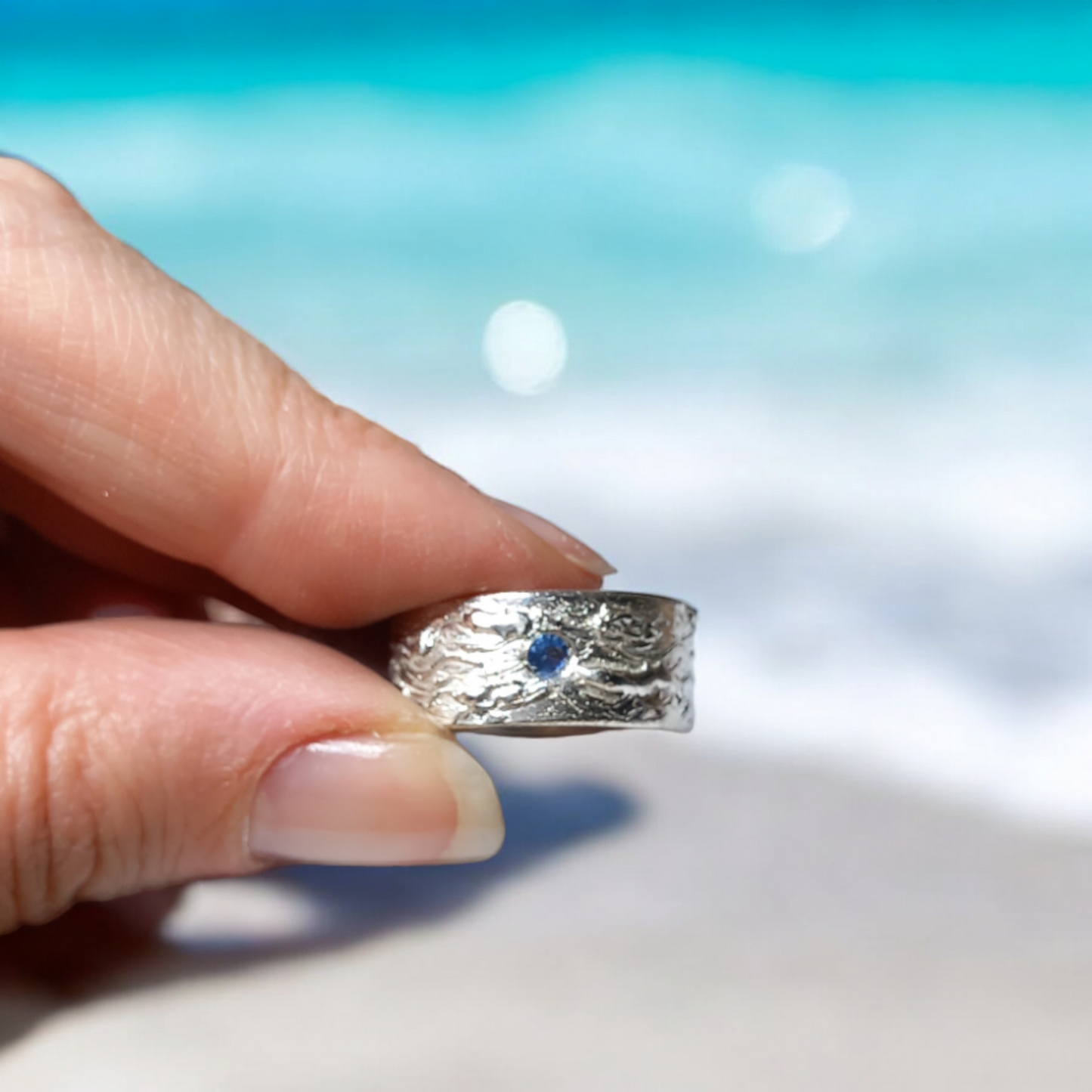 Handmade Solid Silver and Sapphire 'Wave' Ring - Unisex / Mens