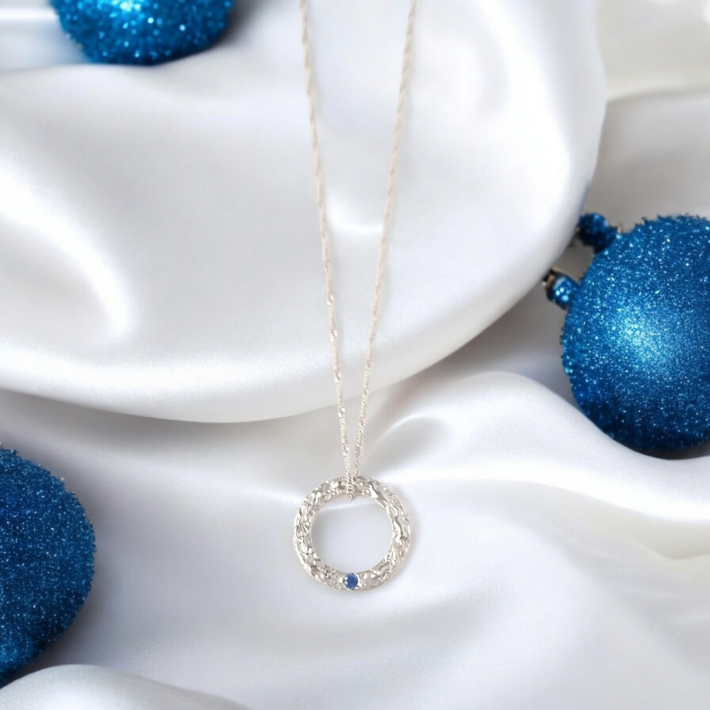 Handmade Solid Silver Sapphire 'Wave' Circle Pendant