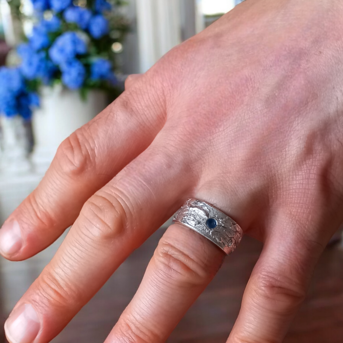 Handmade Solid Silver and Sapphire 'Wave' Ring - Unisex / Mens