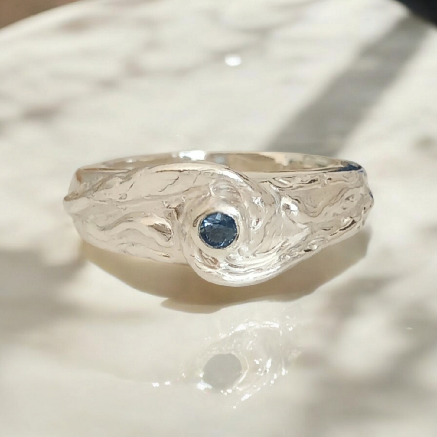 Handmade Solid Silver Wave Crest Sapphire Ring