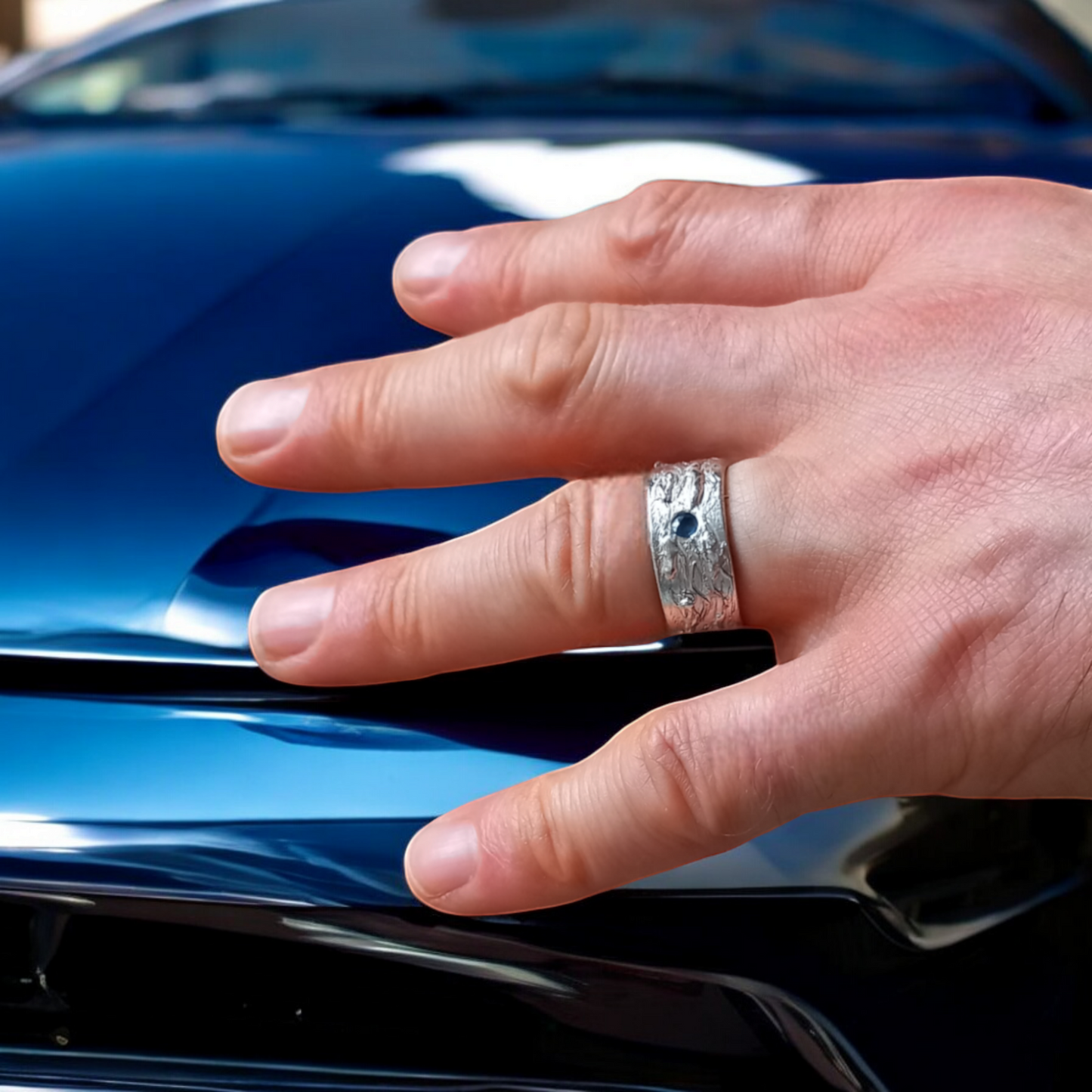 Handmade Solid Silver and Sapphire 'Wave' Ring - Unisex / Mens