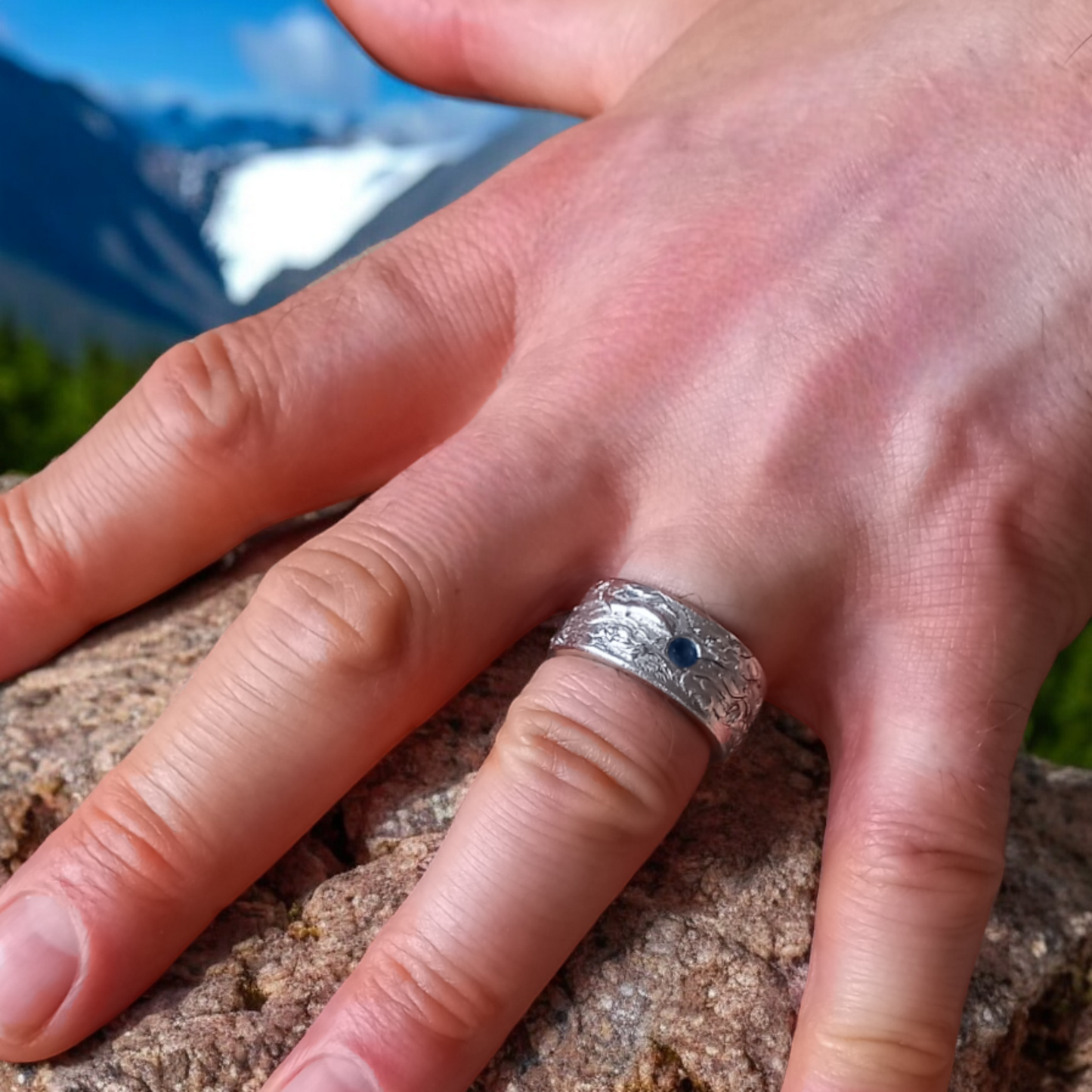Handmade Solid Silver and Sapphire 'Wave' Ring - Unisex / Mens