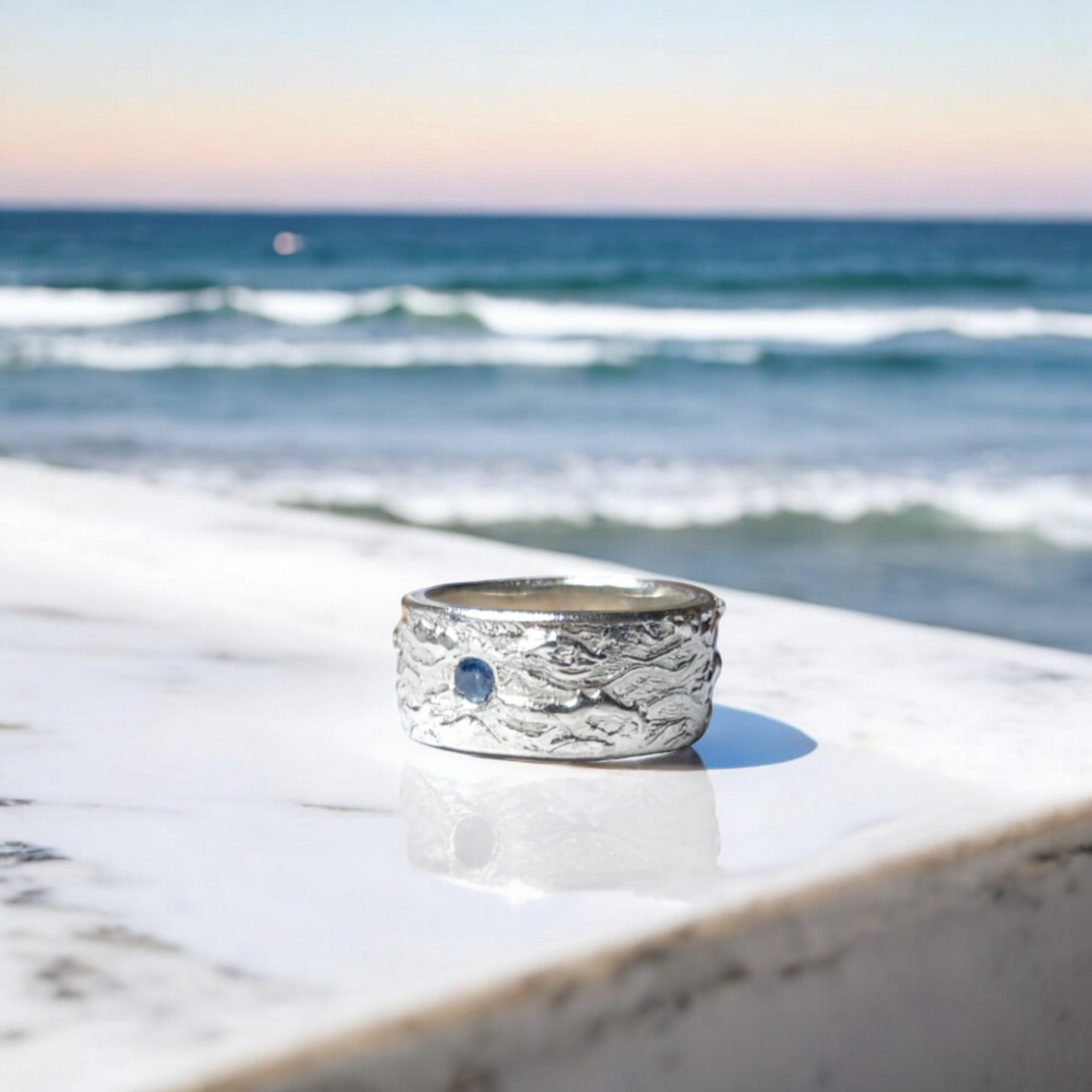 Handmade Solid Silver and Sapphire 'Wave' Ring - Unisex / Mens