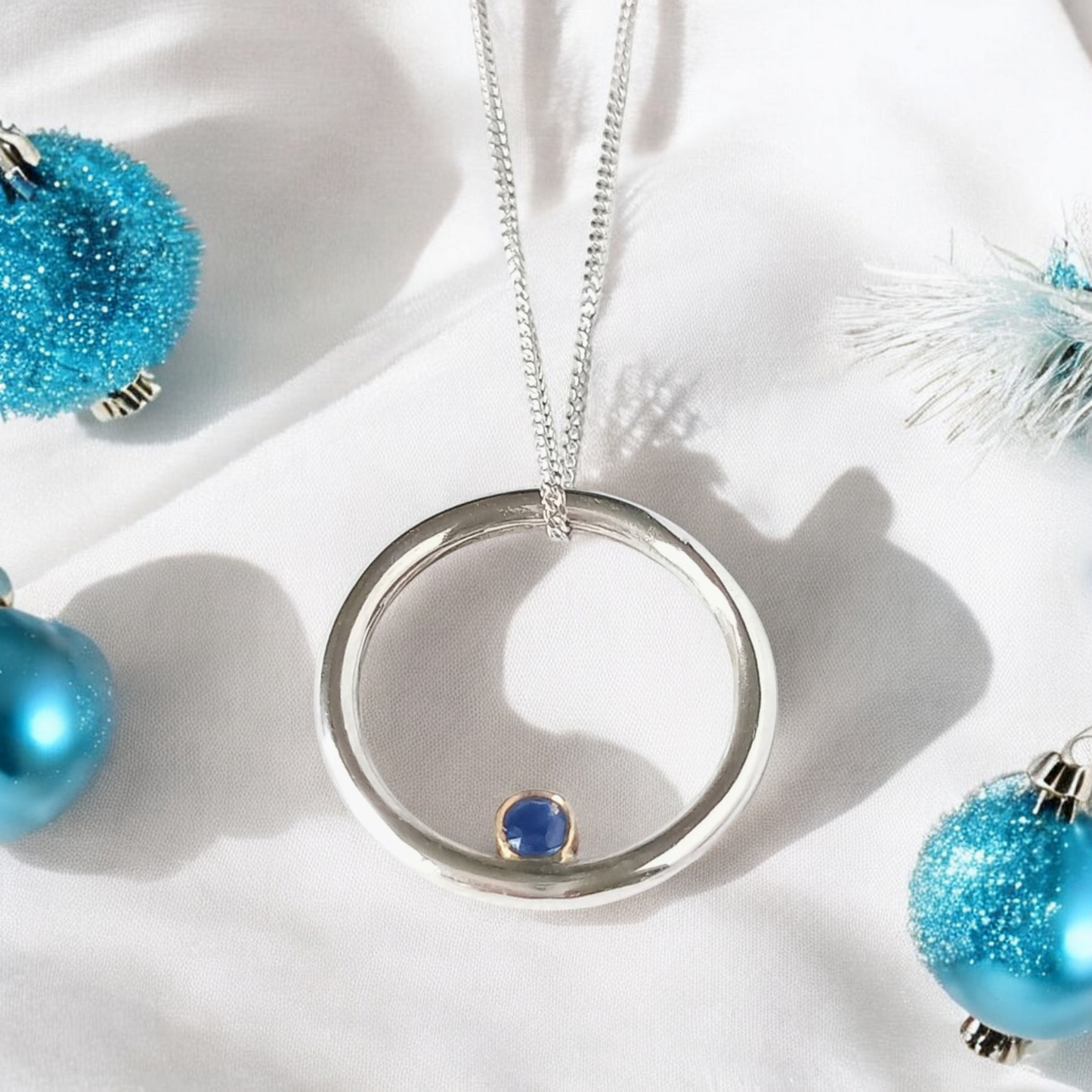 Silver and Gold Circle Sapphire Necklace - No bail