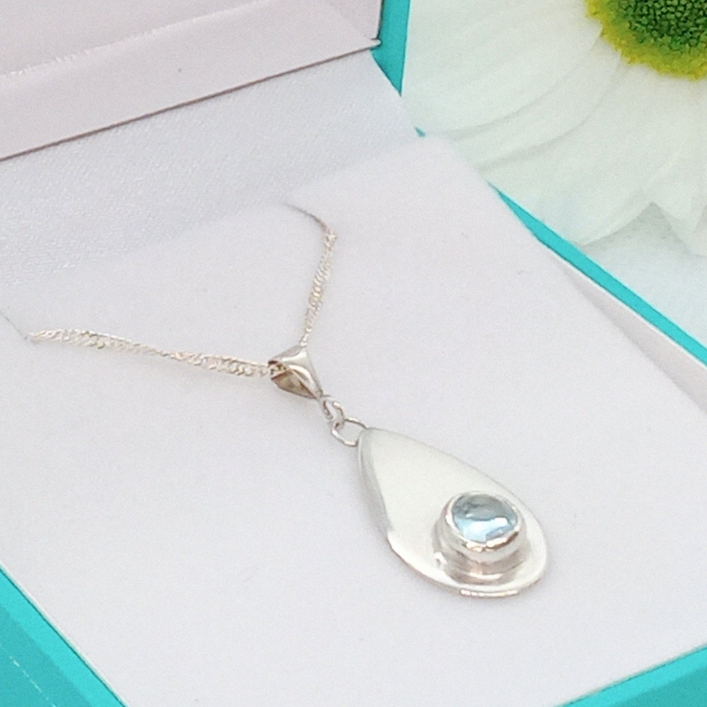 Handmade Blue Solid Silver Topaz Teardrop Necklace
